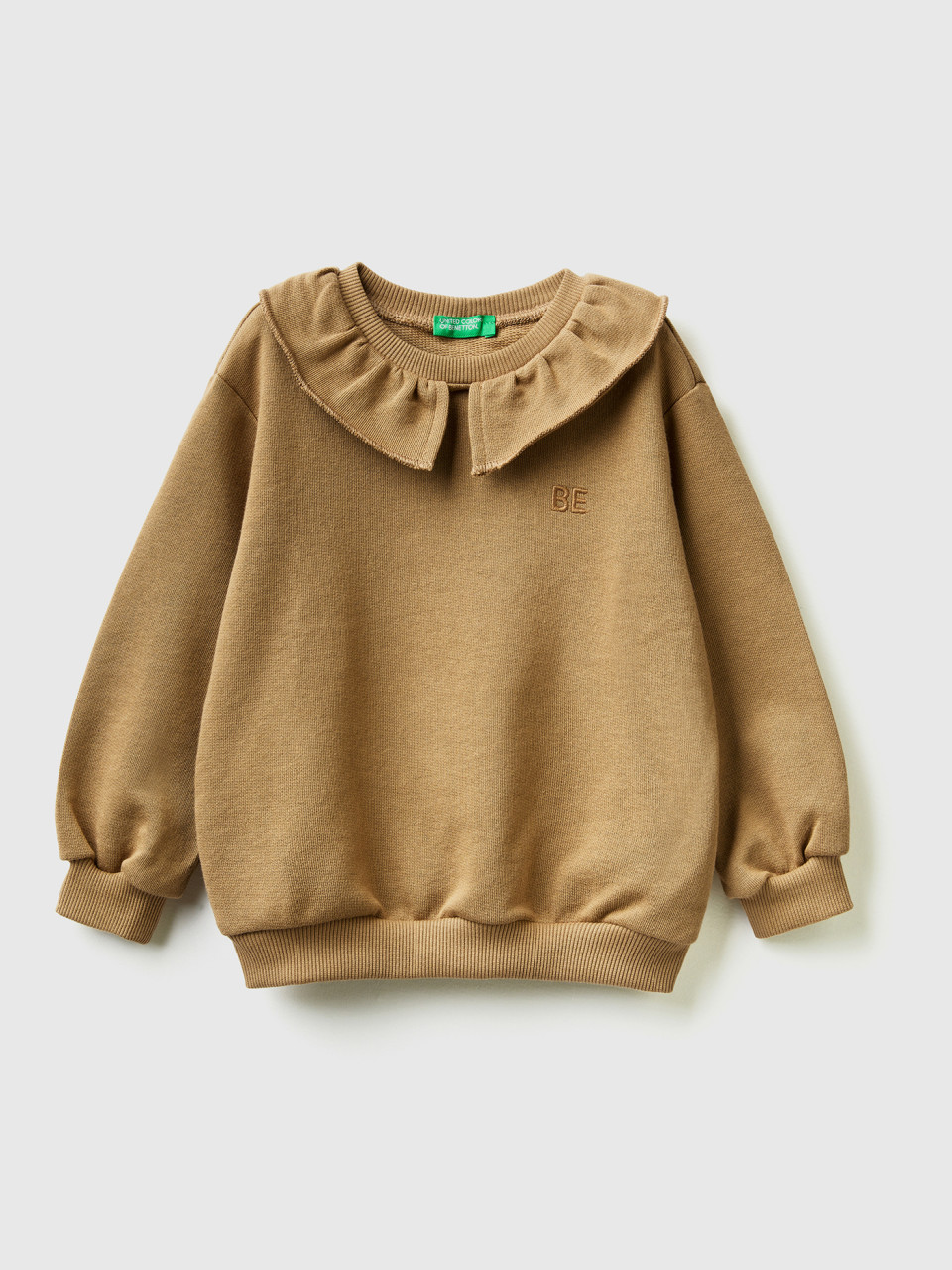 Benetton, Sweatshirt With Collar And be Embroidery, Camel, Kids