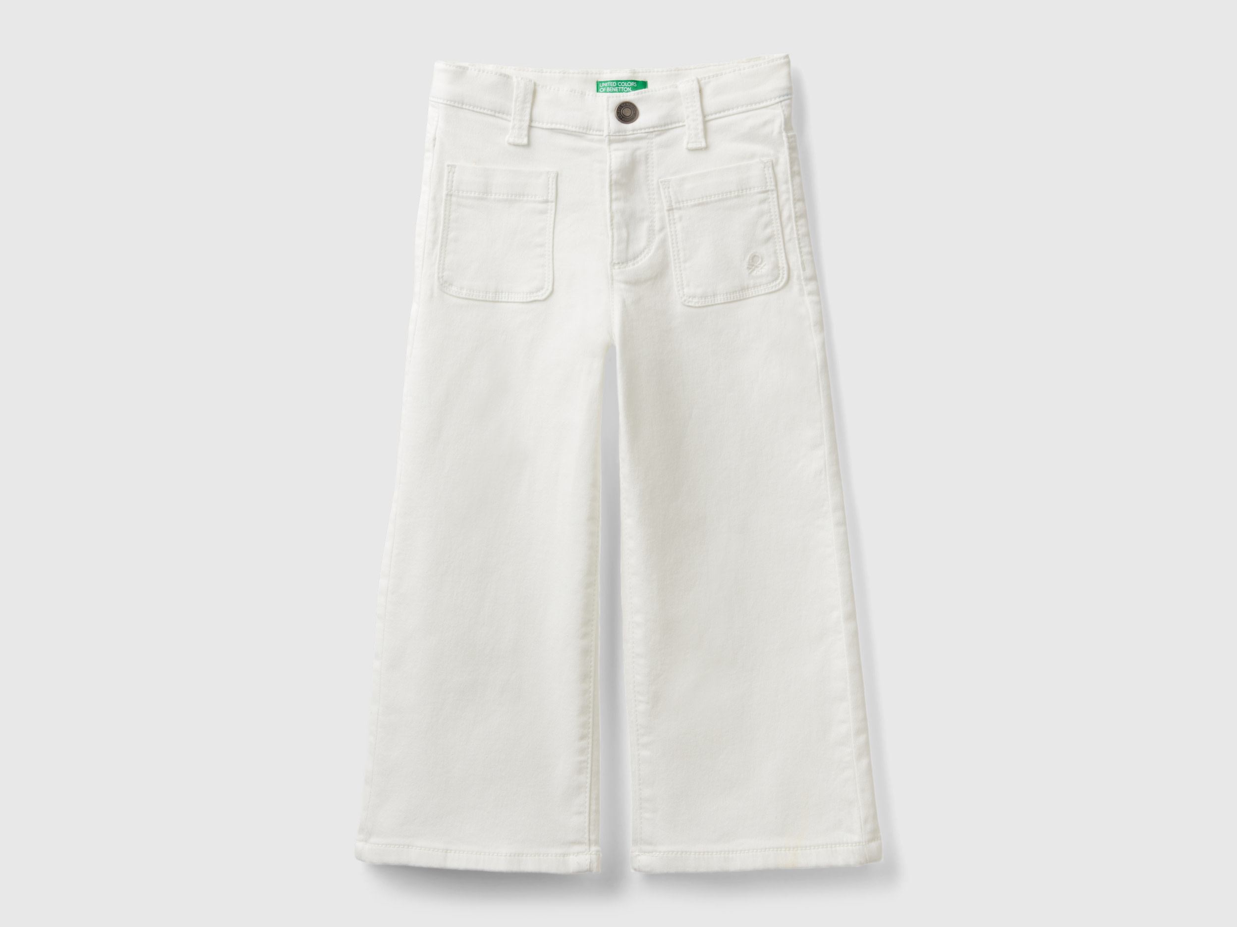 Benetton, Pantaloni Ampi In Cotone Stretch, Bianco Panna, Bambini