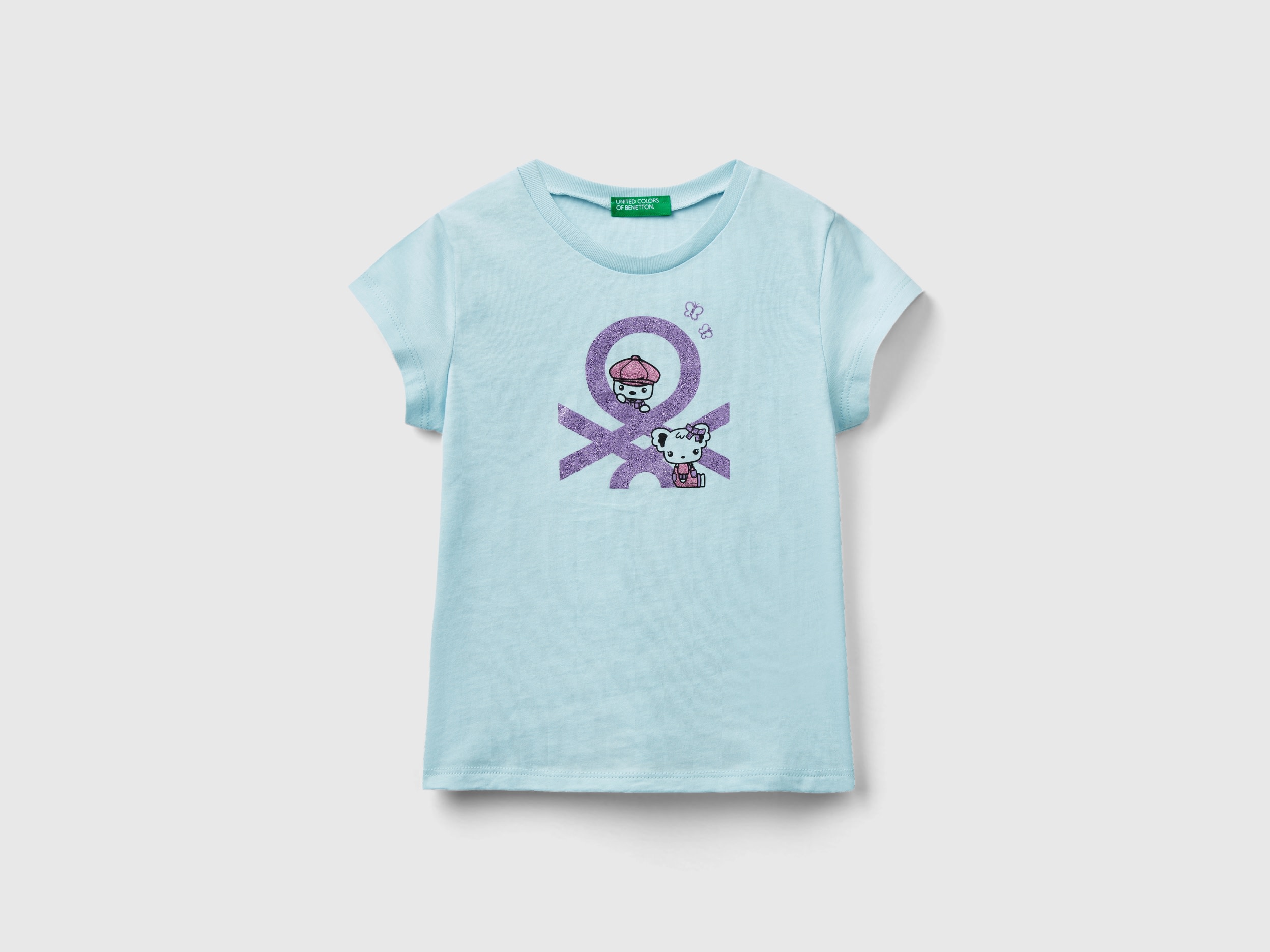 Benetton, T-shirt With Print In Organic Cotton, size 4-5, Aqua, Kids