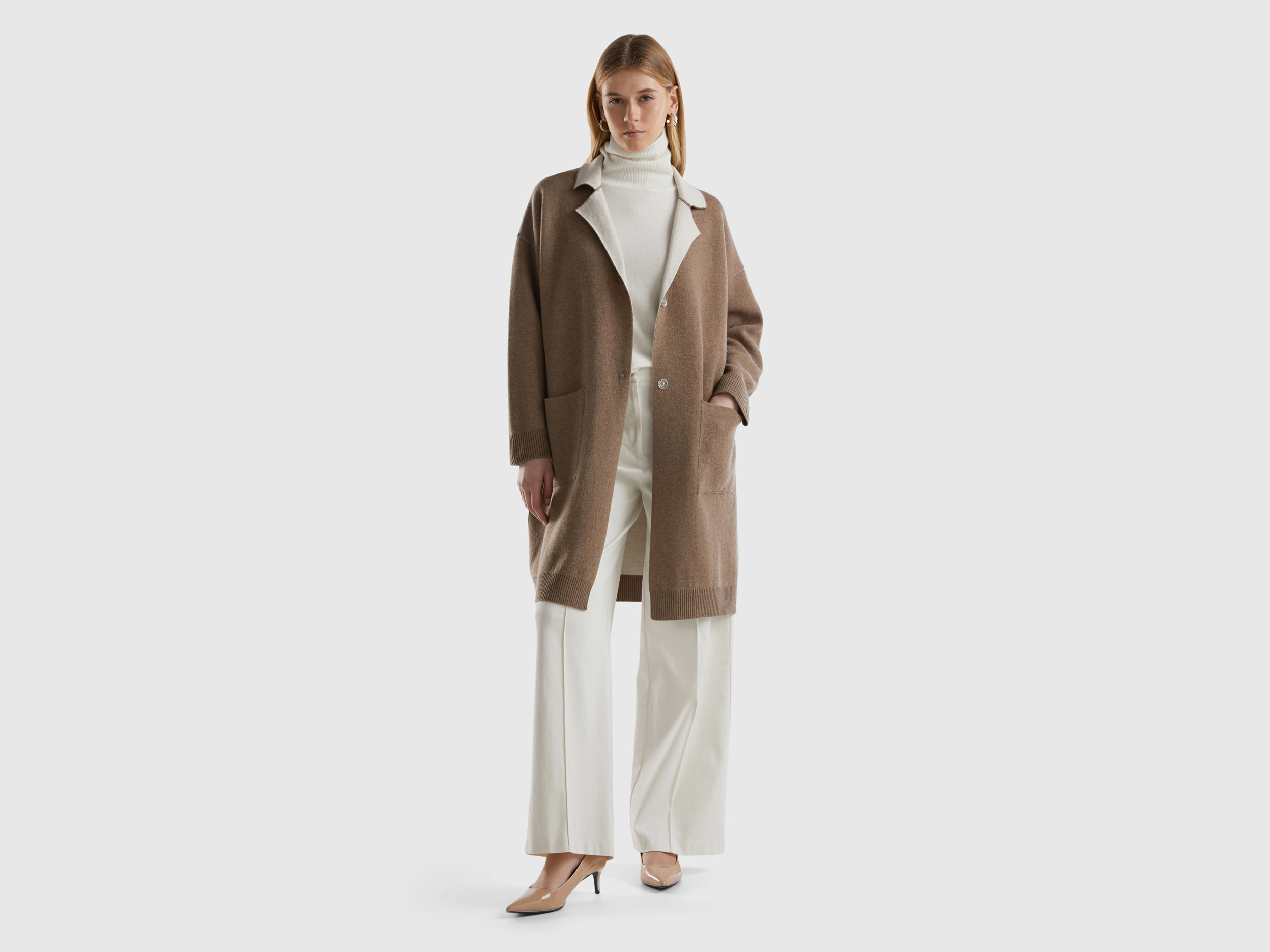 Benetton, Cappotto Reversibile In Maglia, Beige, Donna