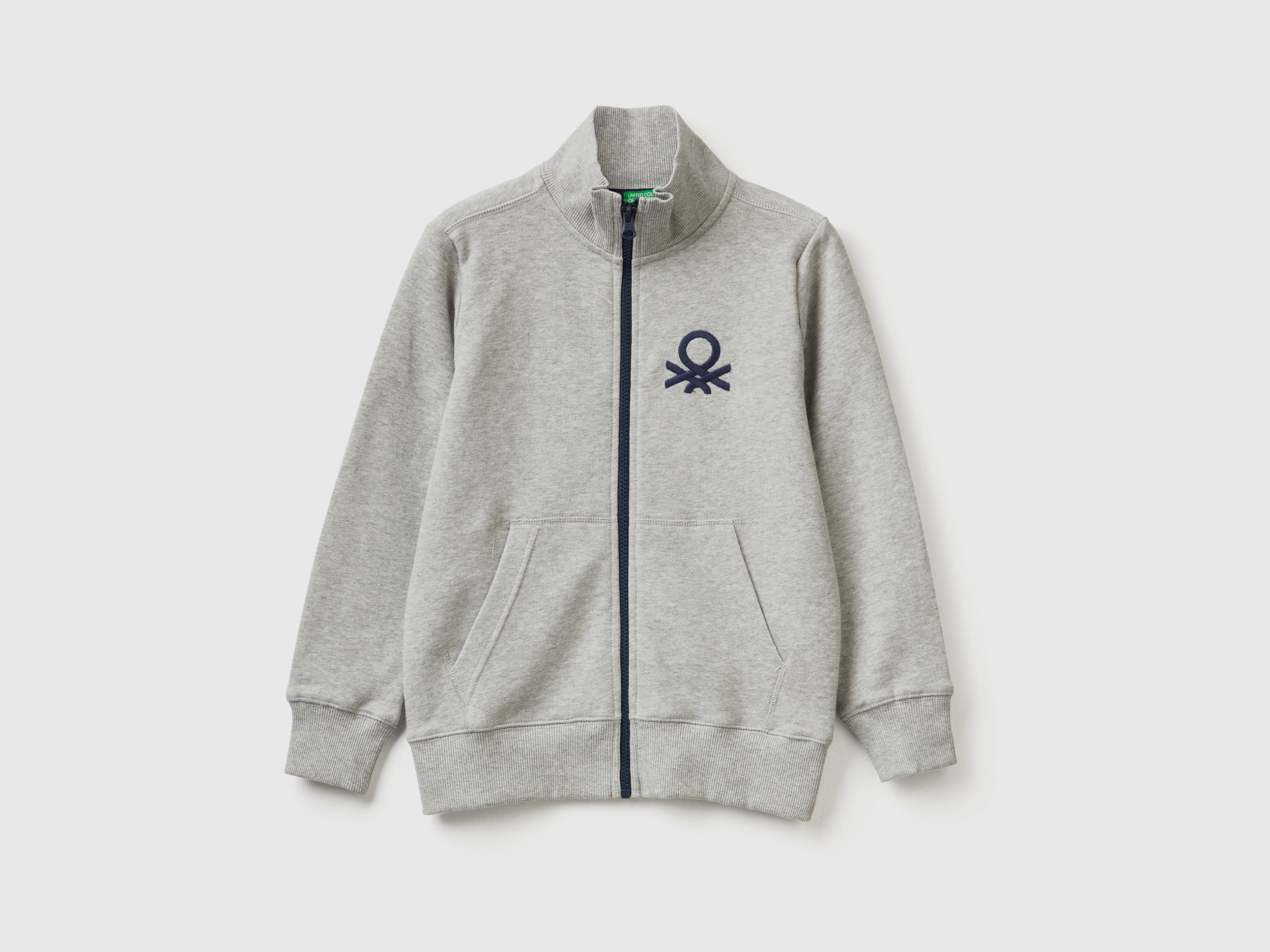 Benetton, Felpa Con Zip In Puro Cotone, Grigio Chiaro, Bambini