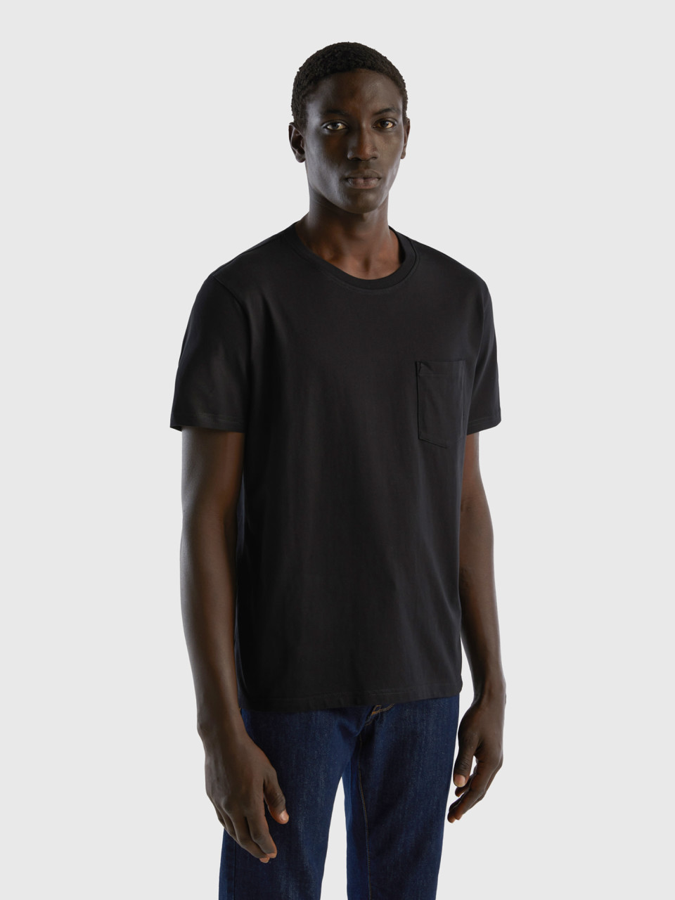 Benetton, Camiseta De 100 % Algodón Con Bolsillo, Negro, Hombre