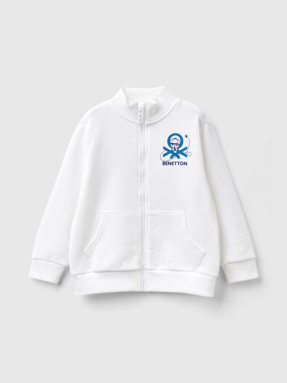 Benetton, Sweatshirt In Organic Cotton With Zip, White, Kids