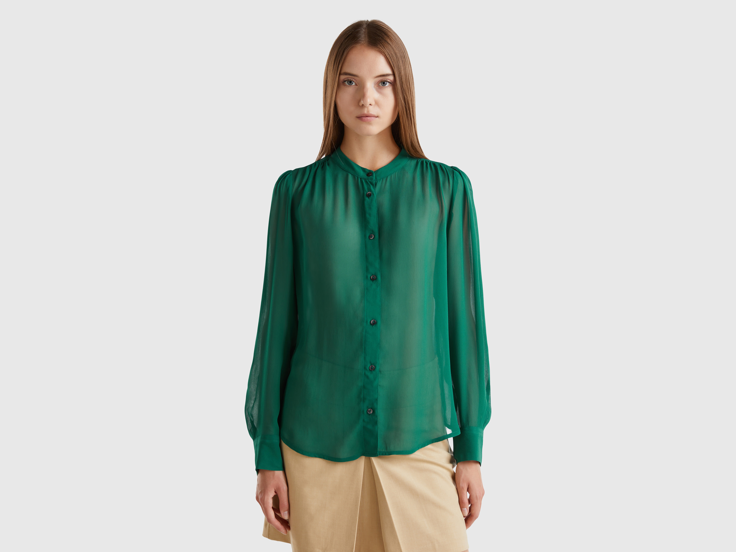 Benetton, Camicia Fluida Coreana, Verde Scuro, Donna