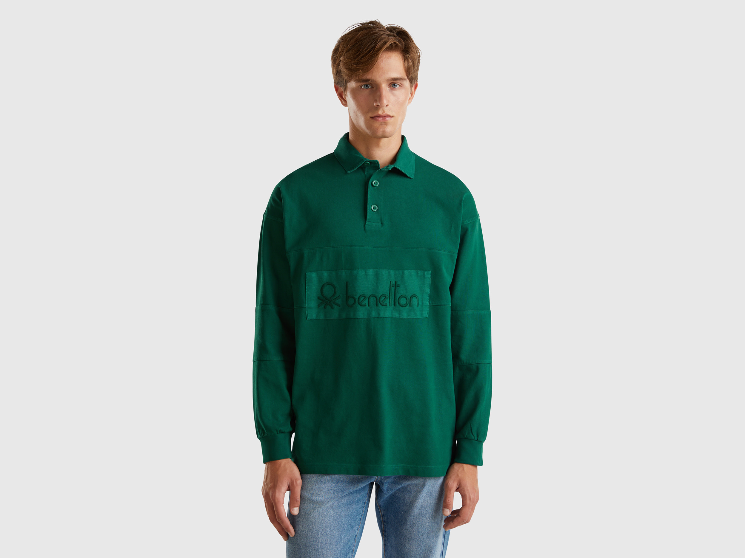 Benetton, Polo Rugby In Puro Cotone, Verde Scuro, Uomo