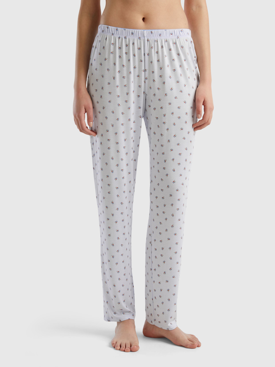 Benetton, 3/4 Floral Bottoms In Sustainable Viscose, White, Women