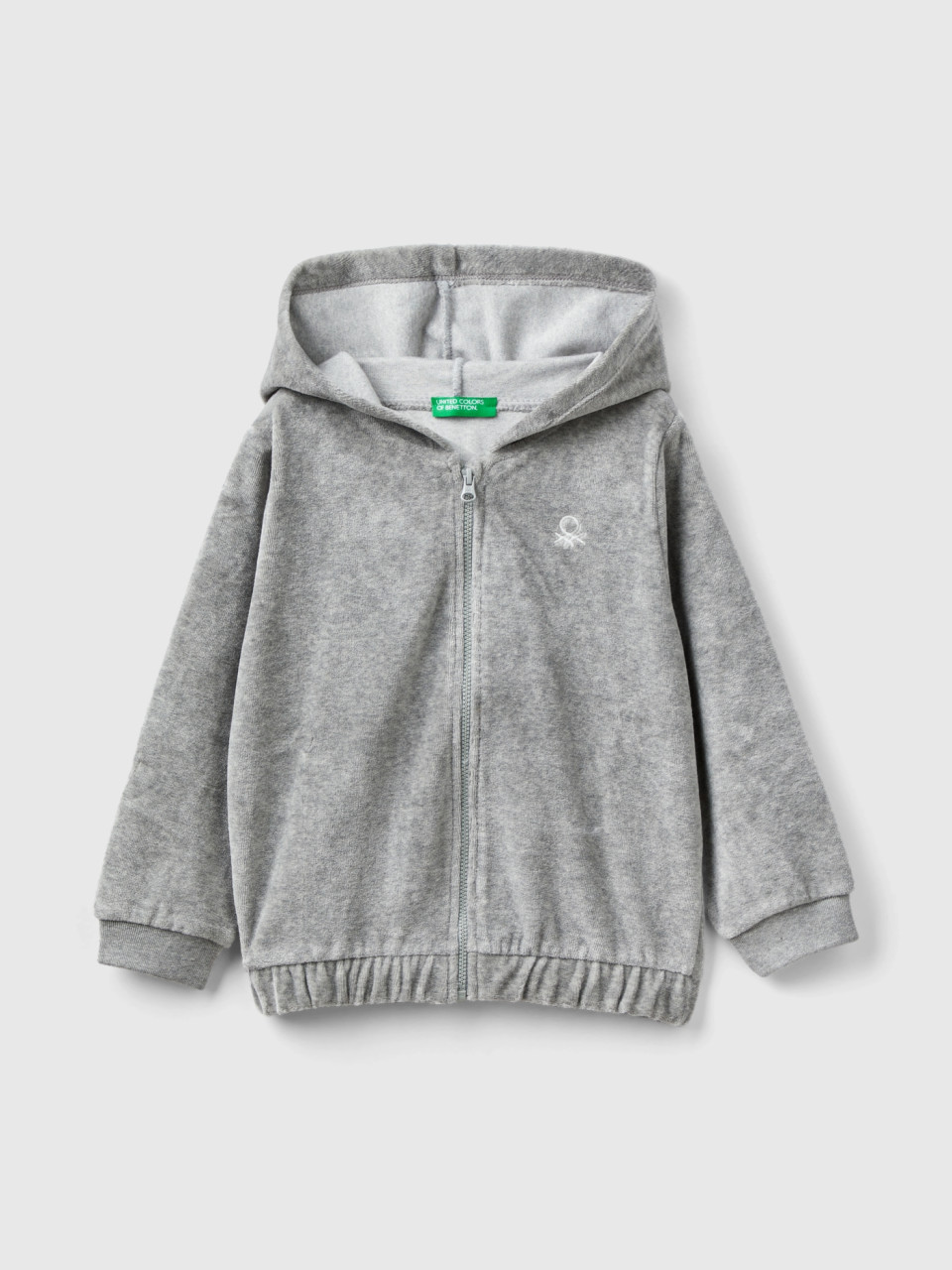 Benetton, Chenille Sweatshirt With Zip And Hood, Light Gray, Kids