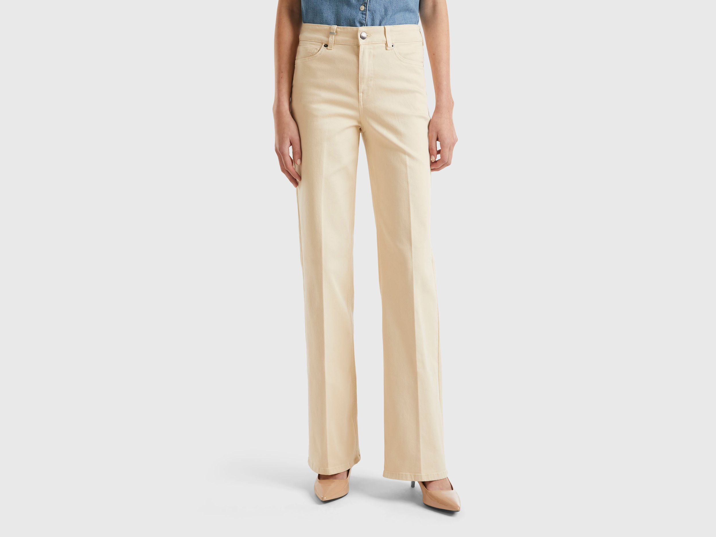 Benetton, Jeans Flare Stretch, Beige, Donna