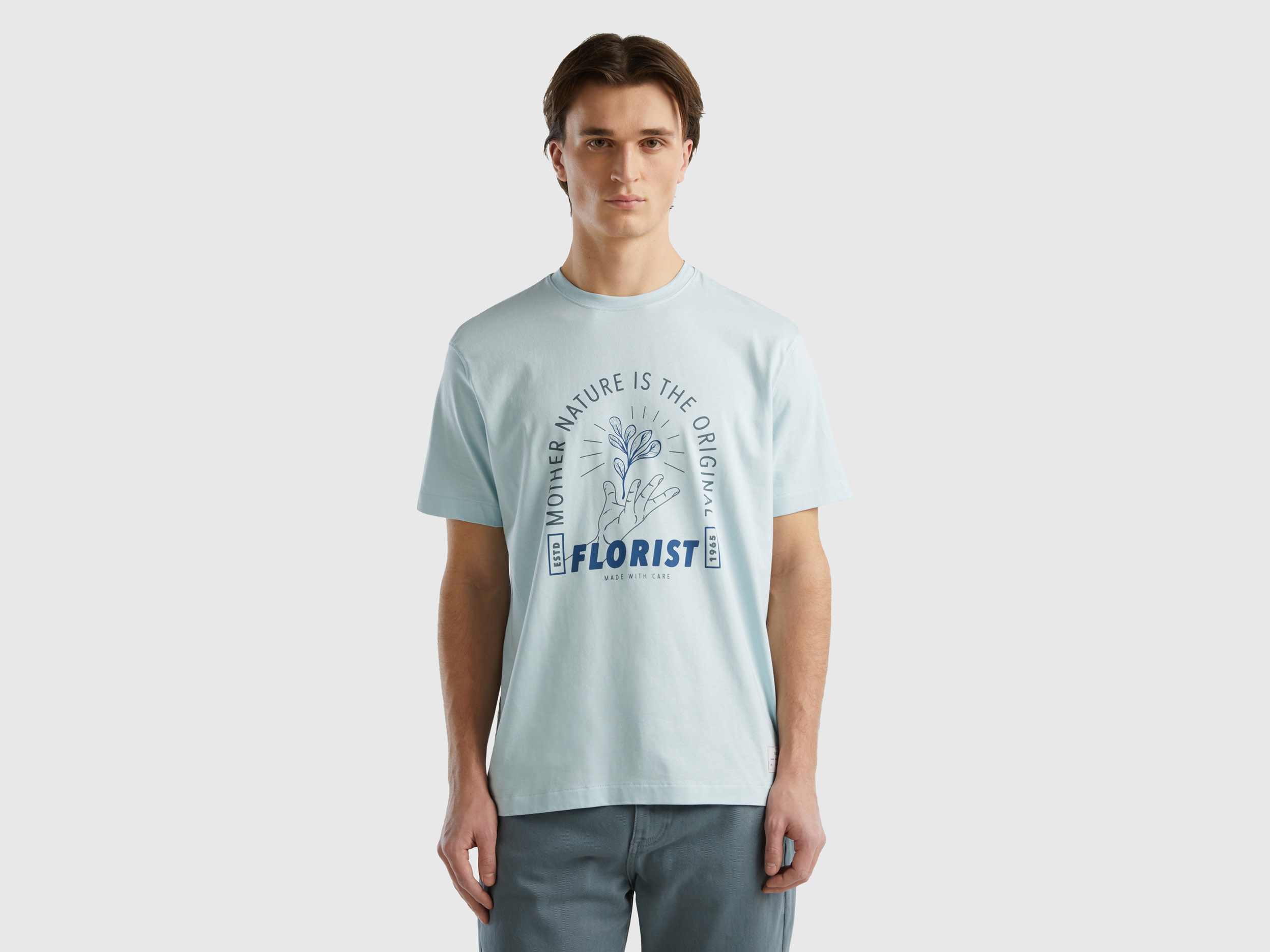 Image of Benetton, T-shirt In Pure Organic Cotton, size XXXL, Aqua, Men