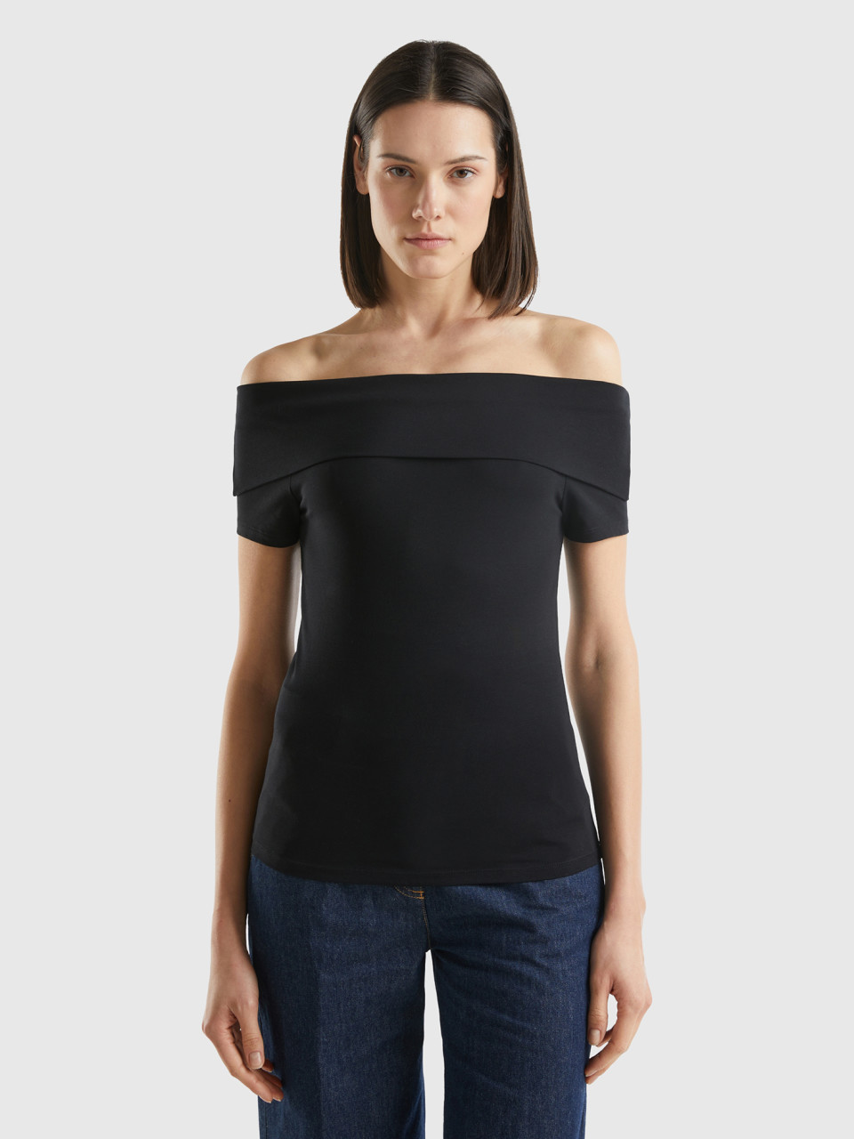 Benetton, Slim-fit T-shirt With Bare Shoulders, Black, Women