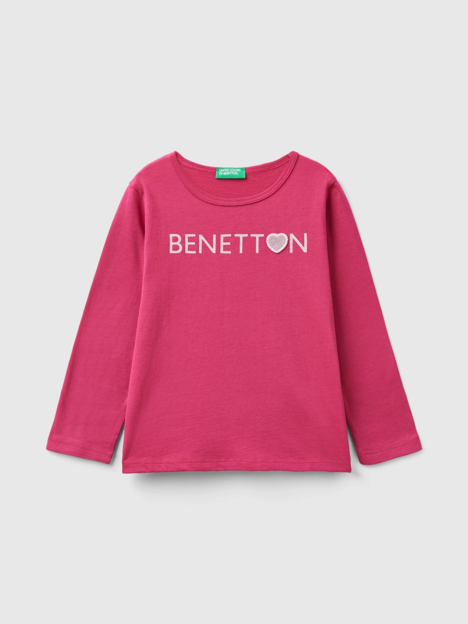 Benetton, Organic Cotton T-shirt With Glittery Print, Cyclamen, Kids