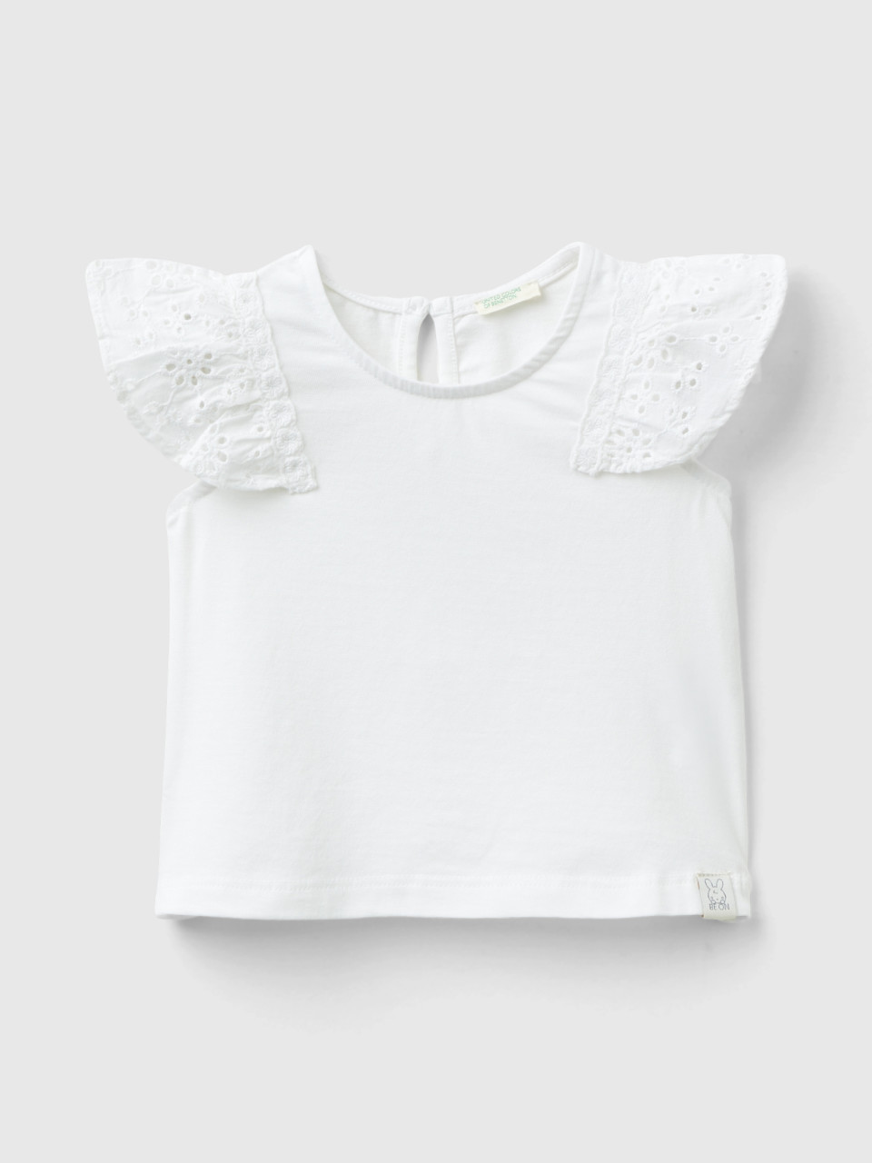 Benetton, T-shirt With Broderie Anglaise, White, Kids