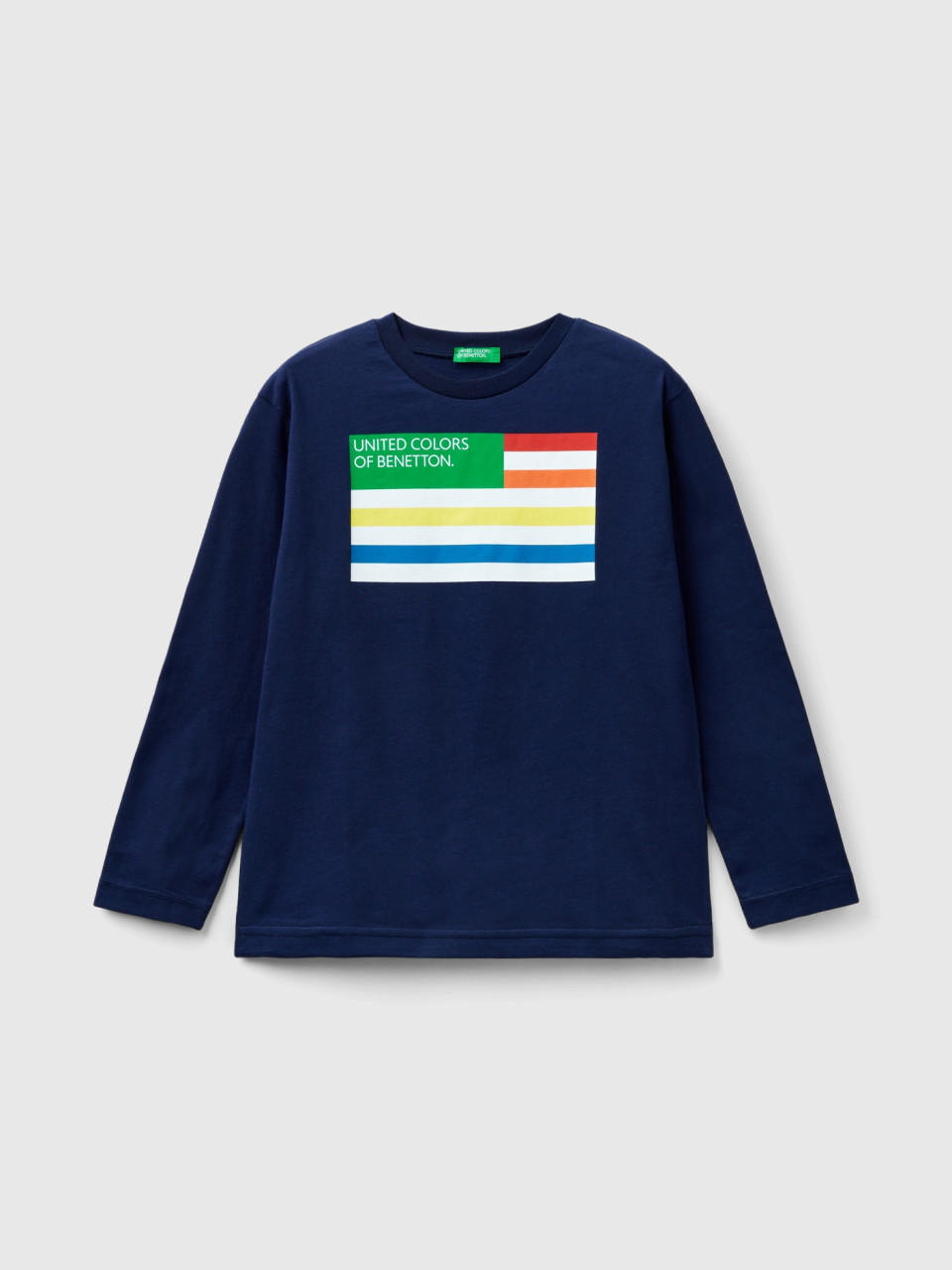 Benetton, Langärmeliges T-shirt Aus Bio-baumwolle, Dunkelblau, male