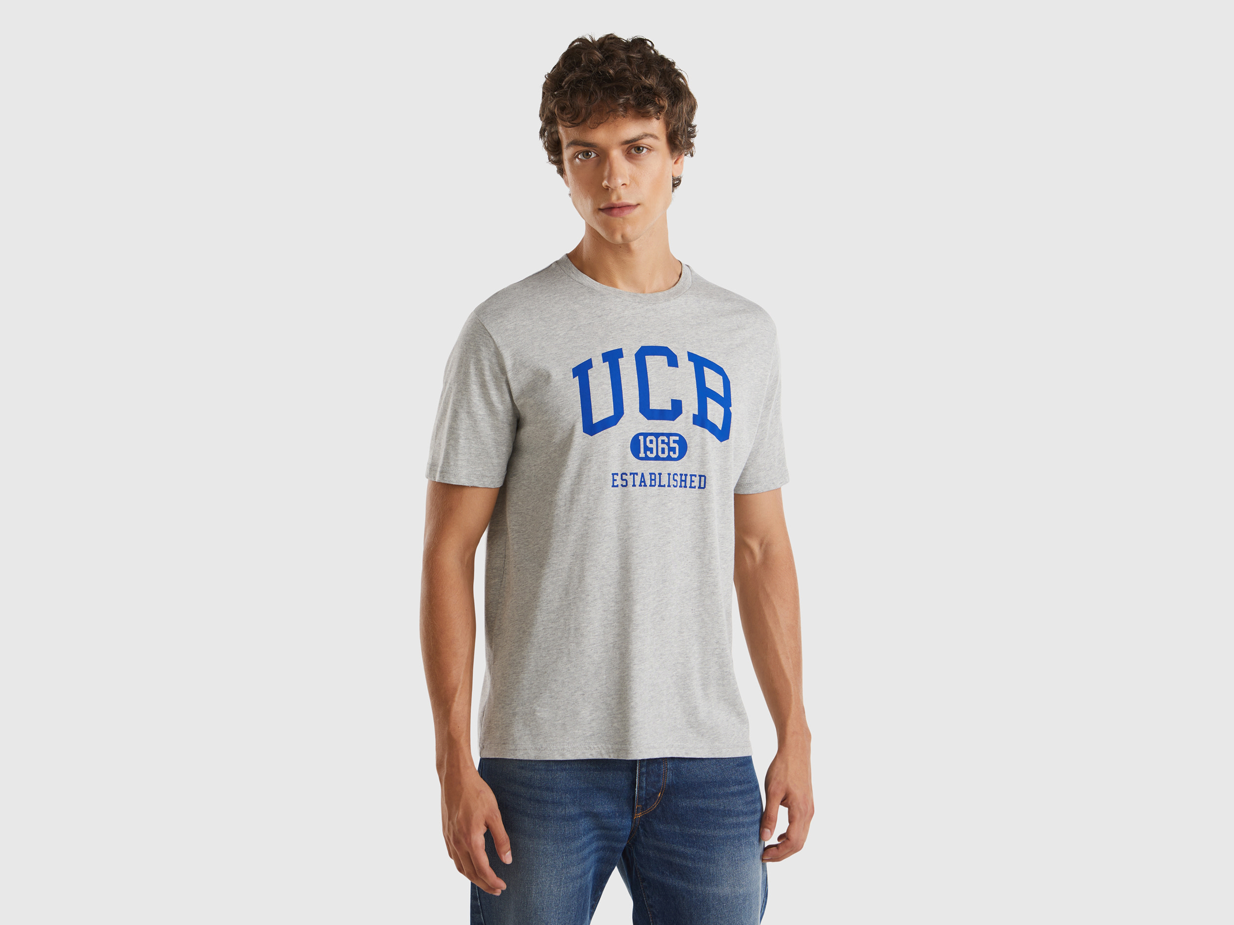 Benetton, T-shirt Grigio Mélange In Cotone Bio Con Logo Blu, Grigio Chiaro, Uomo