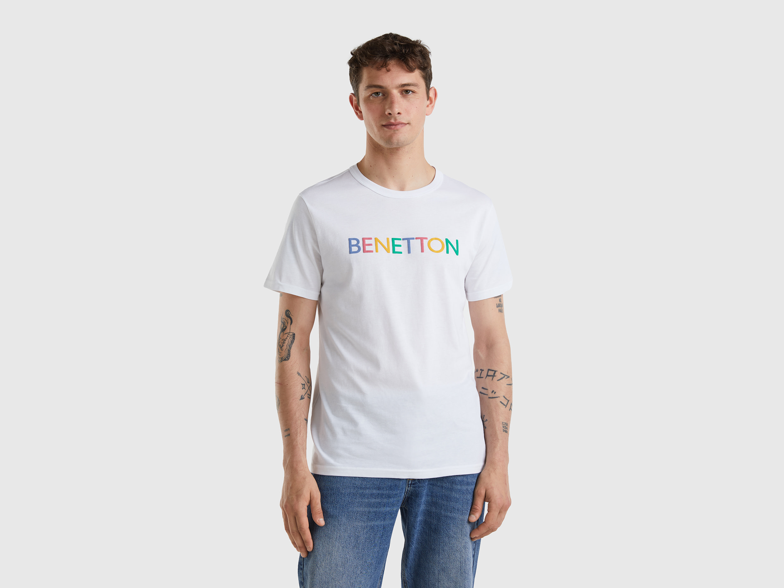 Image of Benetton, White T-shirt In Organic Cotton With Multicolored Logo, size XXL, White, Men
