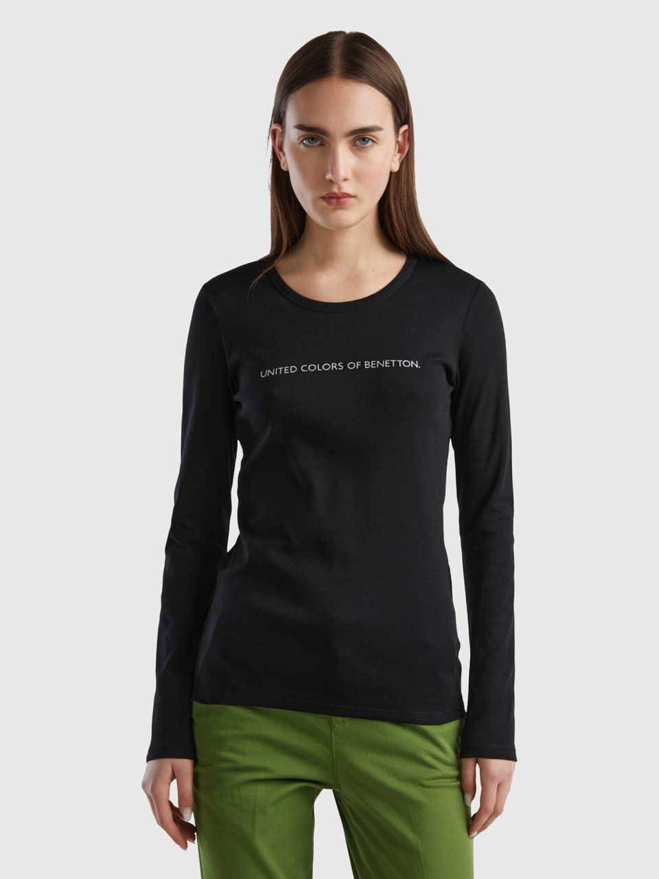 Benetton, Camiseta Negra De Manga Larga De 100 % Algodón, Negro, Mujer