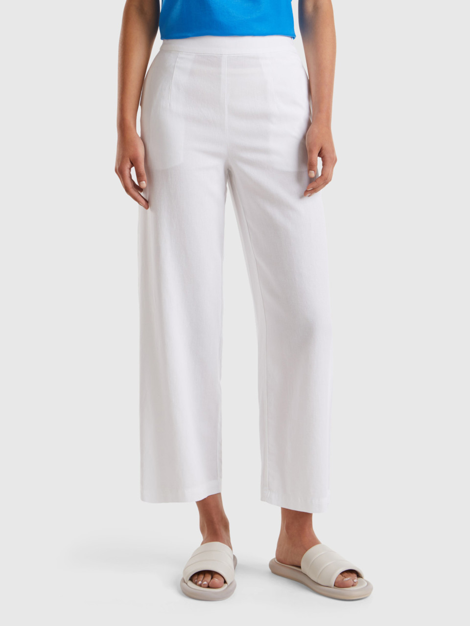 Benetton, Cropped Trousers In Sustainable Viscose Blend, White, Women