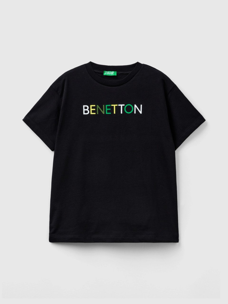 Benetton, T-shirt 100% Cotone Bio, Nero, Bambini
