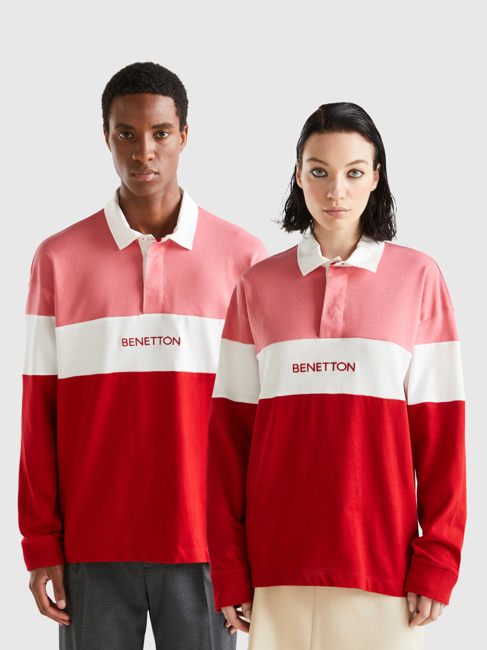 Benetton, Pink And Red Rugby Style Polo, Red, Men