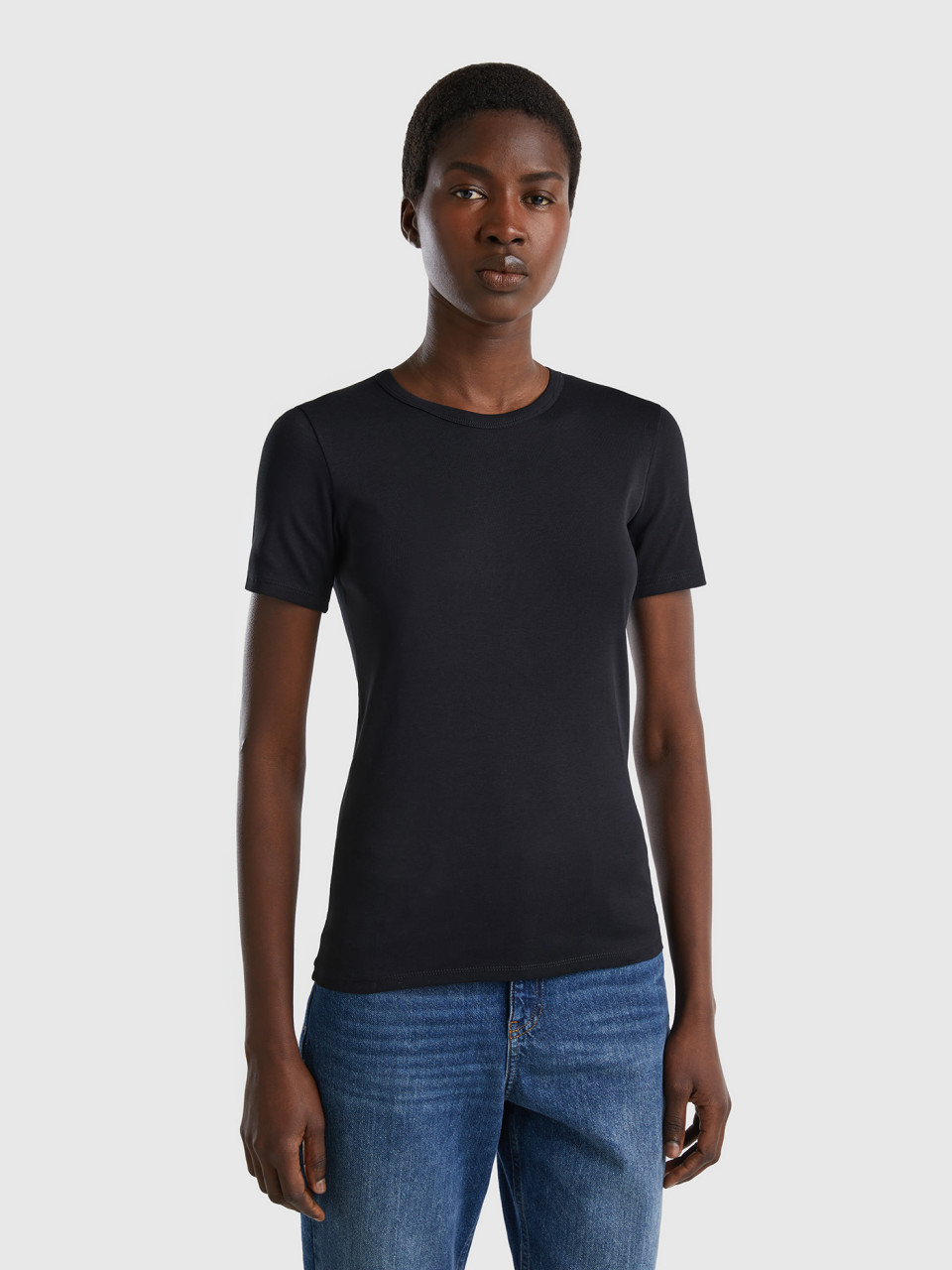 Benetton, T-shirt En Coton Longues Fibres, Noir, Femme