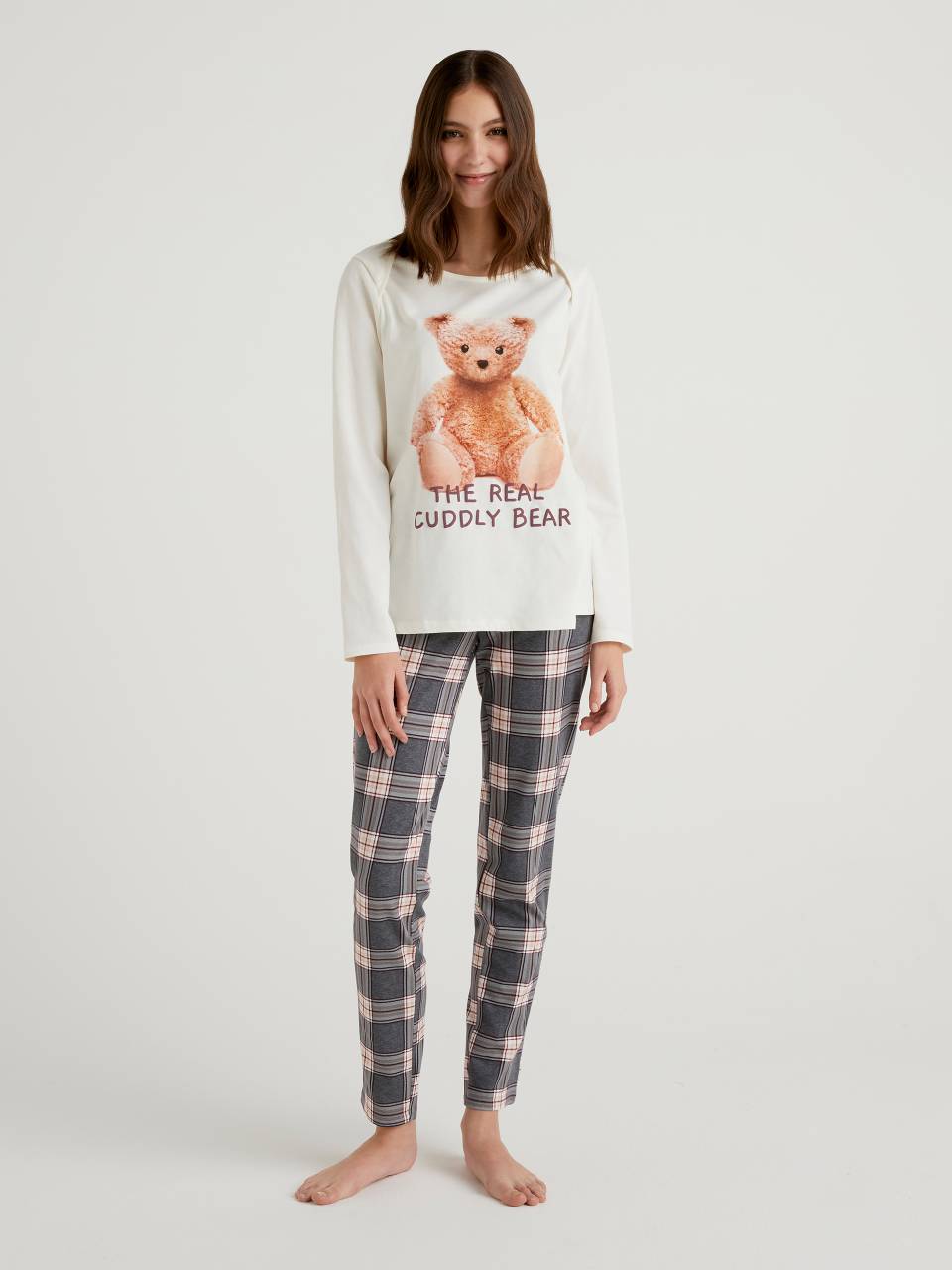 Benetton Teddy bear print pyjamas with check trousers. 1