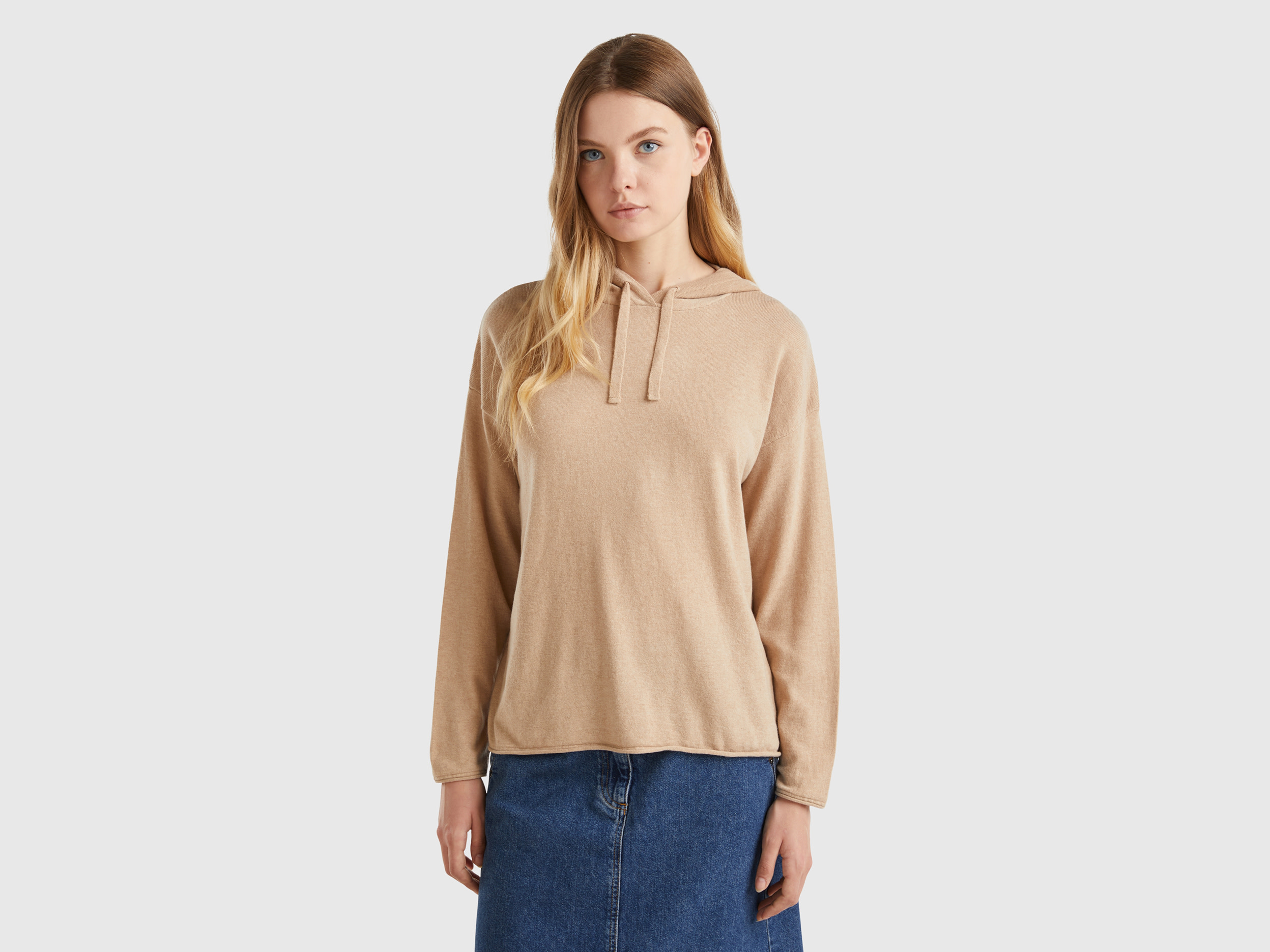 Benetton, Maglia Beige Misto Cashmere Con Cappuccio, Beige, Donna