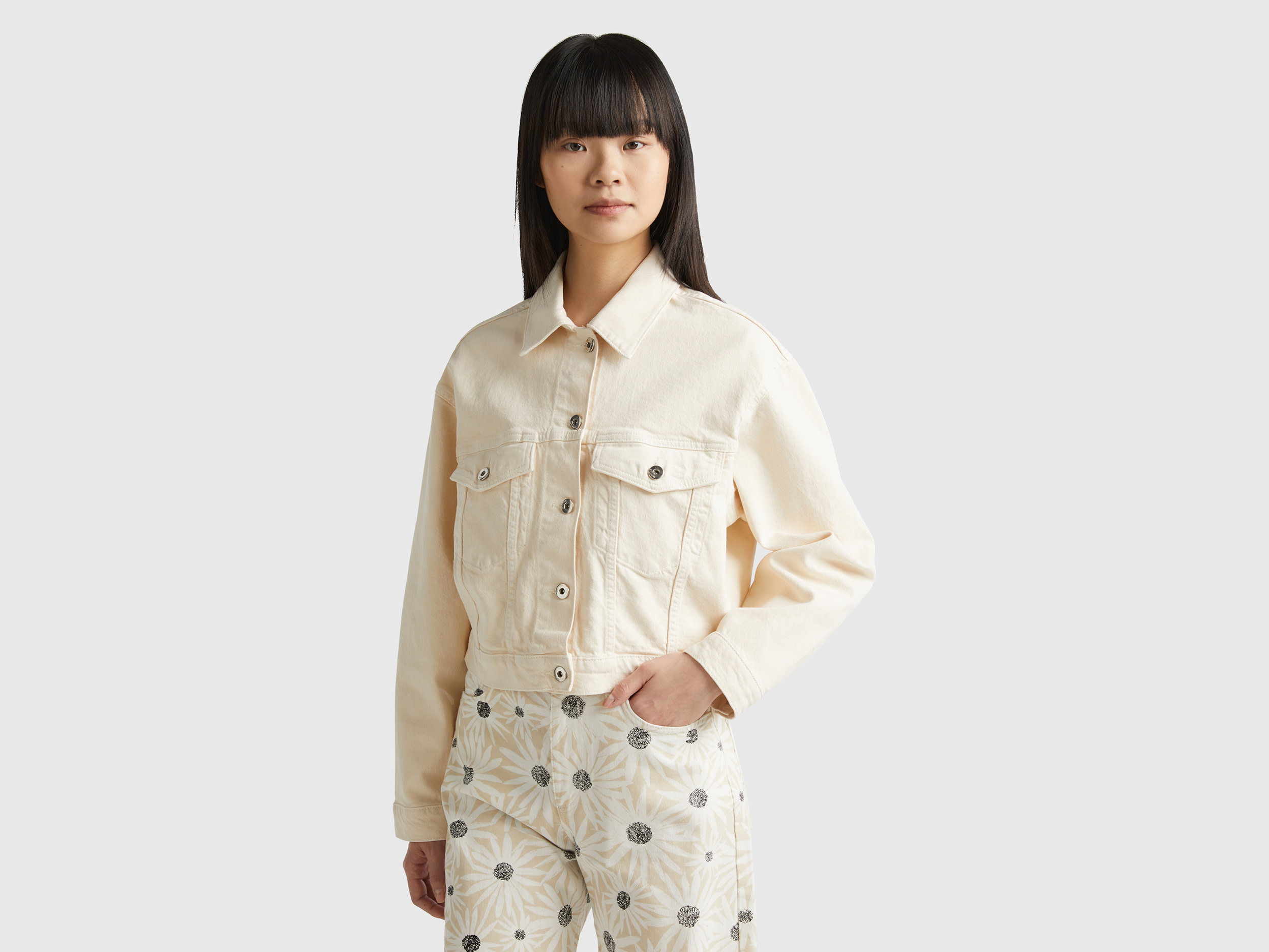 Benetton, Giacca Con Ricamo Floreale, Bianco Panna, Donna