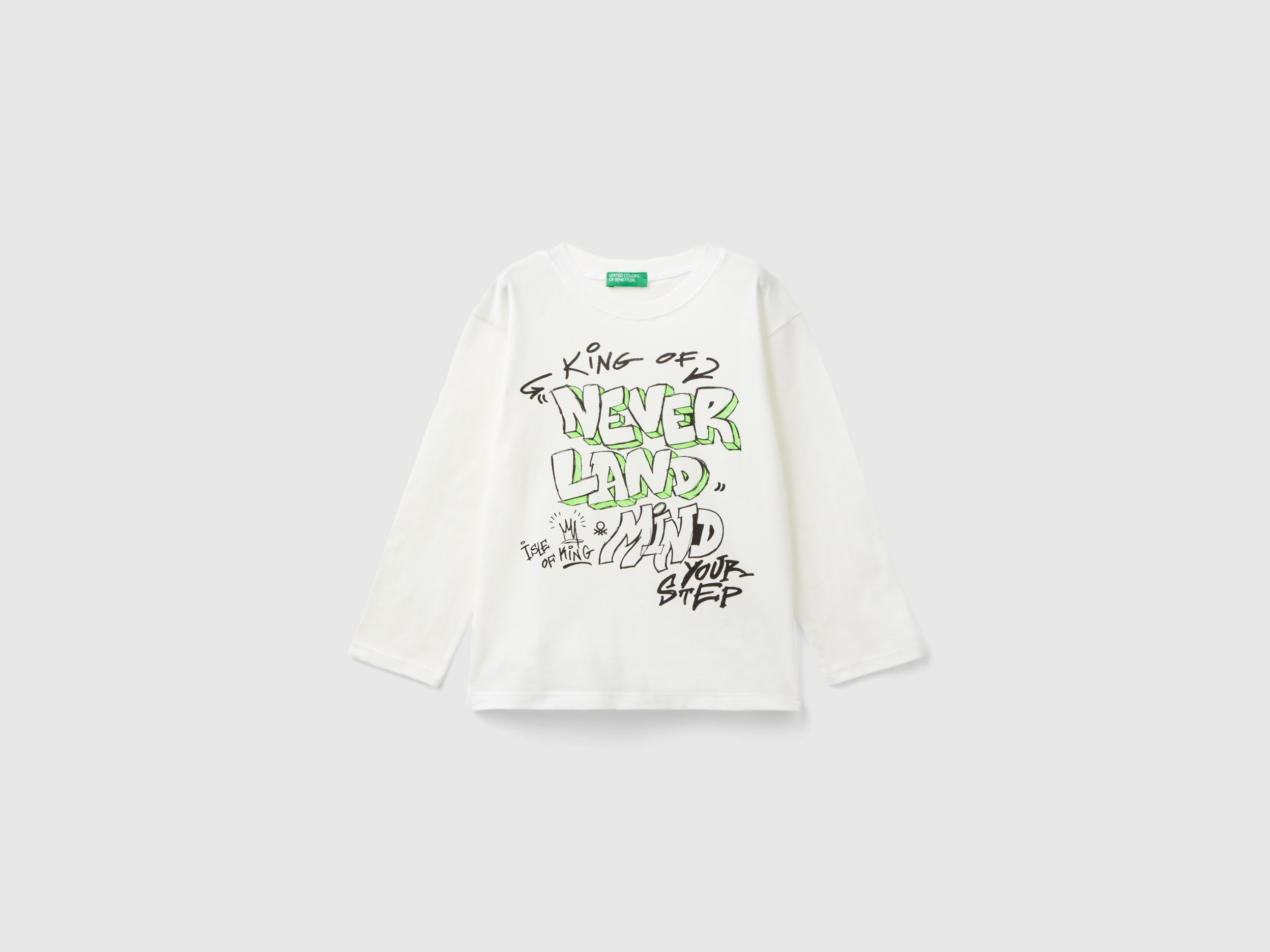 Benetton, T-shirt Con Stampa In Cotone Bio, Bianco Panna, Bambini