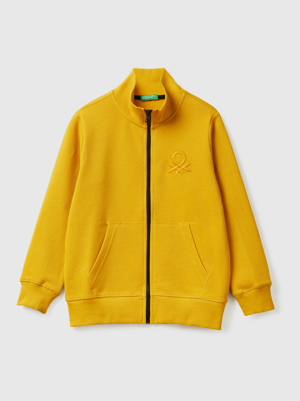 Benetton, Pure Cotton Sweatshirt With Zipper, Yellow, Kids