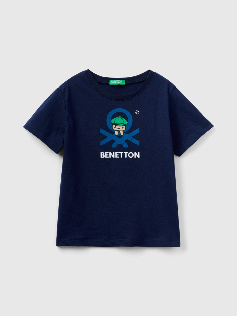 Benetton, T-shirt 100% Cotone Bio Con Stampa, Blu Scuro, Bambini