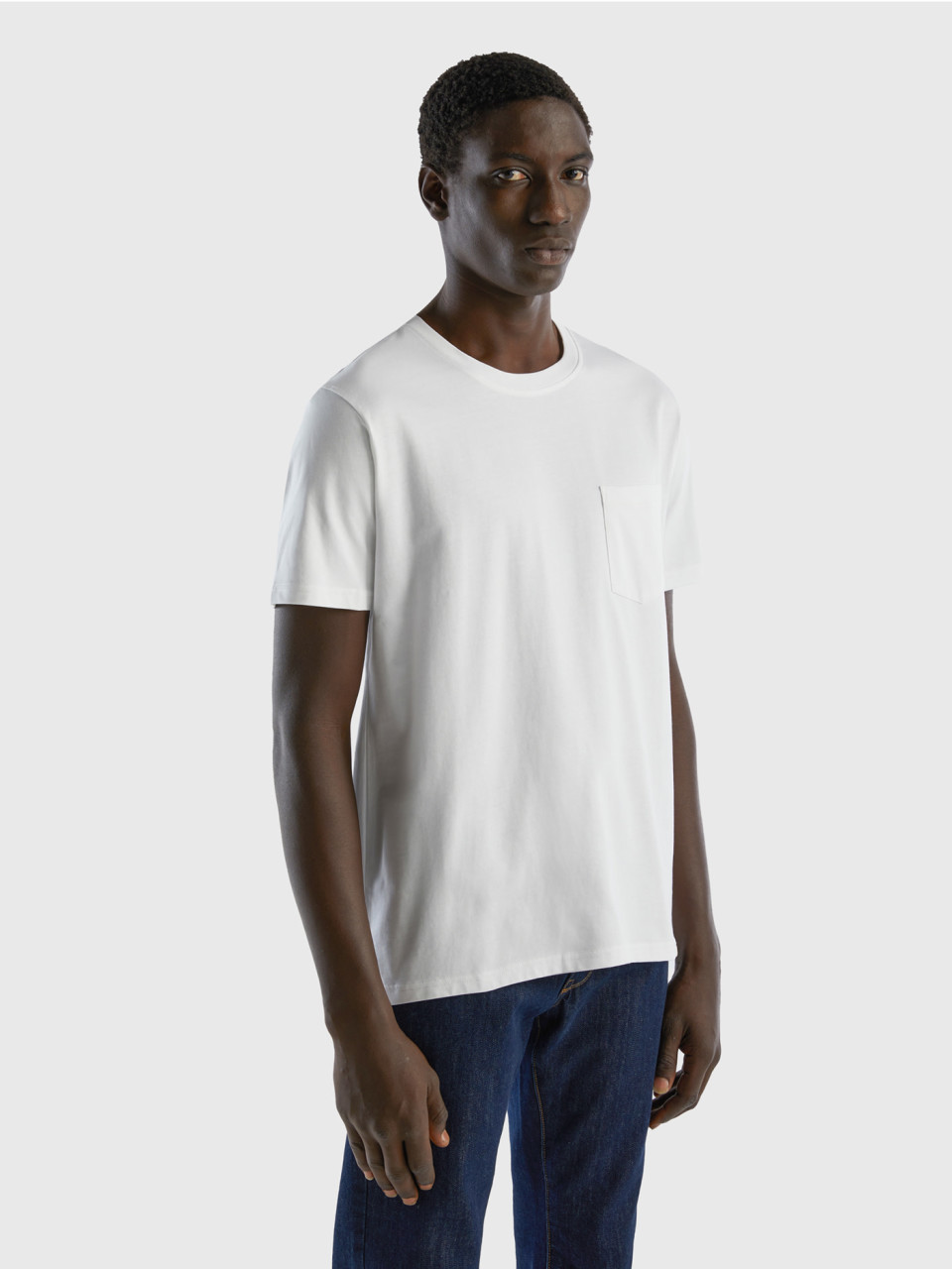 Benetton, T-shirt 100% Coton Avec Pochette, Blanc, Homme
