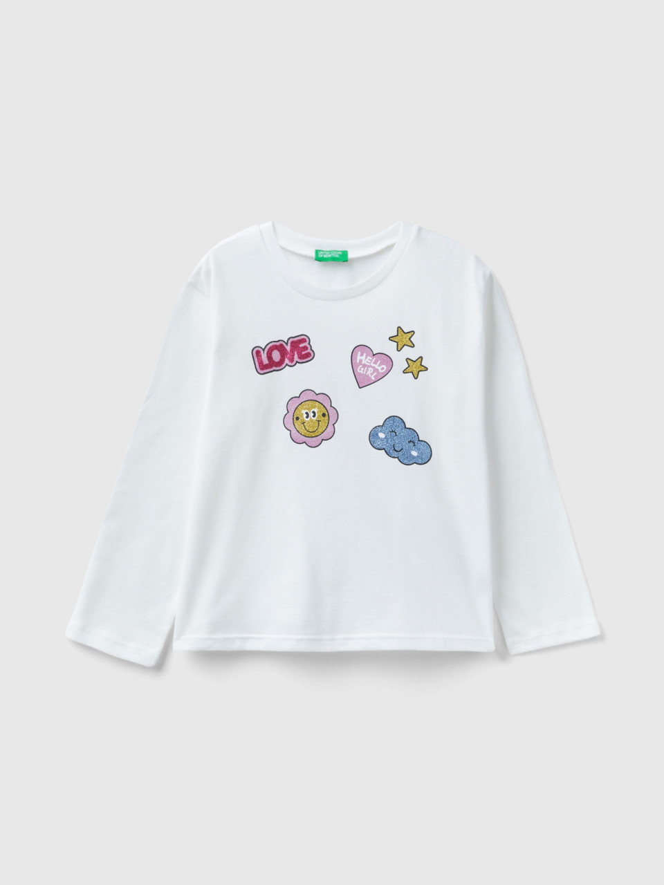 Benetton, Warm T-shirt With Print And Glitter, Creamy White, Kids