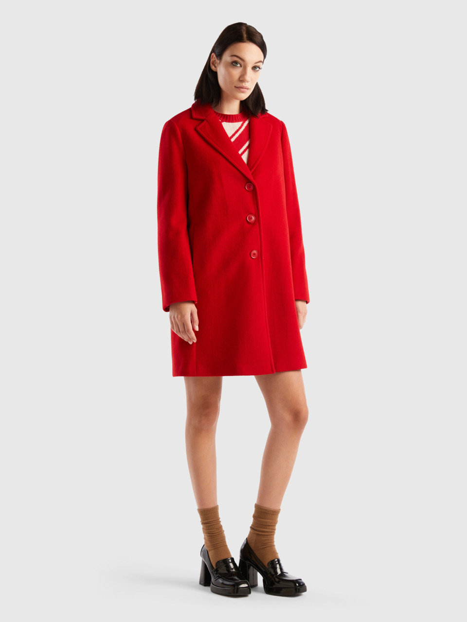 Benetton, Short Coat In Wool Blend Cloth, Red, Women