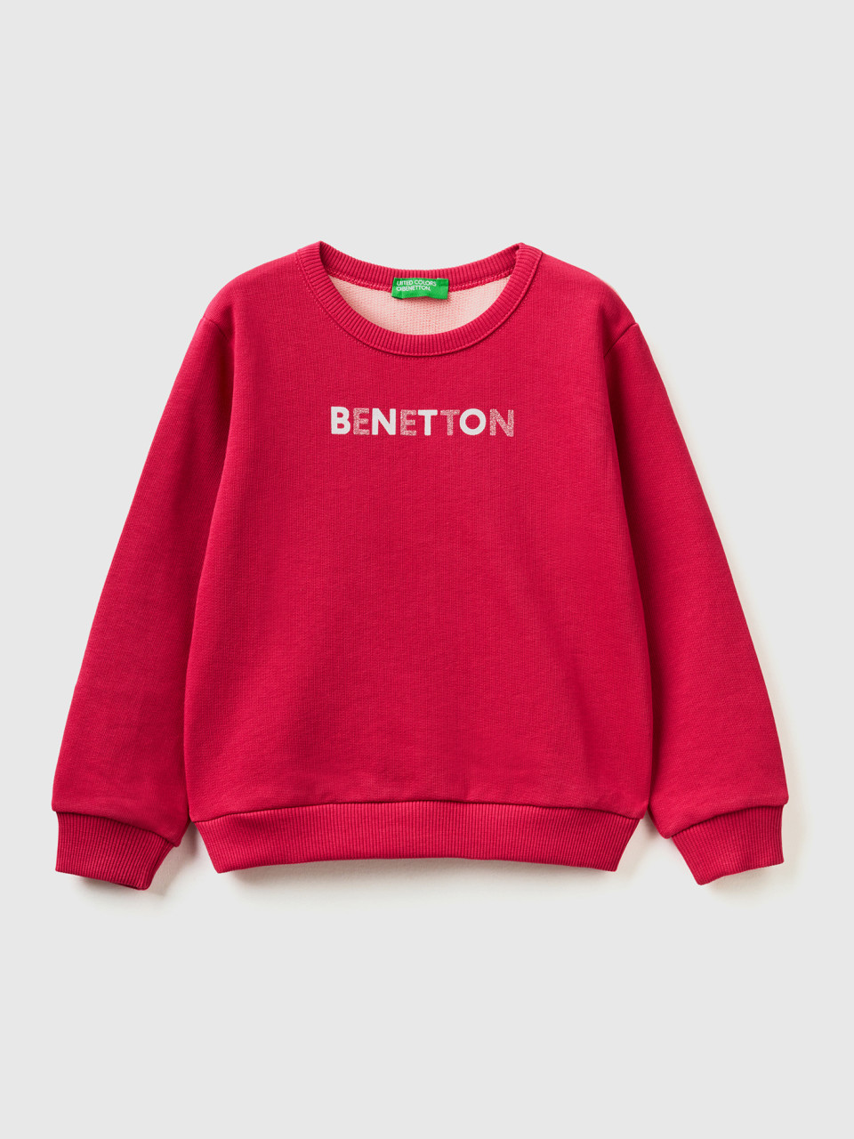 Benetton, Two-tone Sweatshirt In Organic Cotton With Glittery Print, Cyclamen, Kids