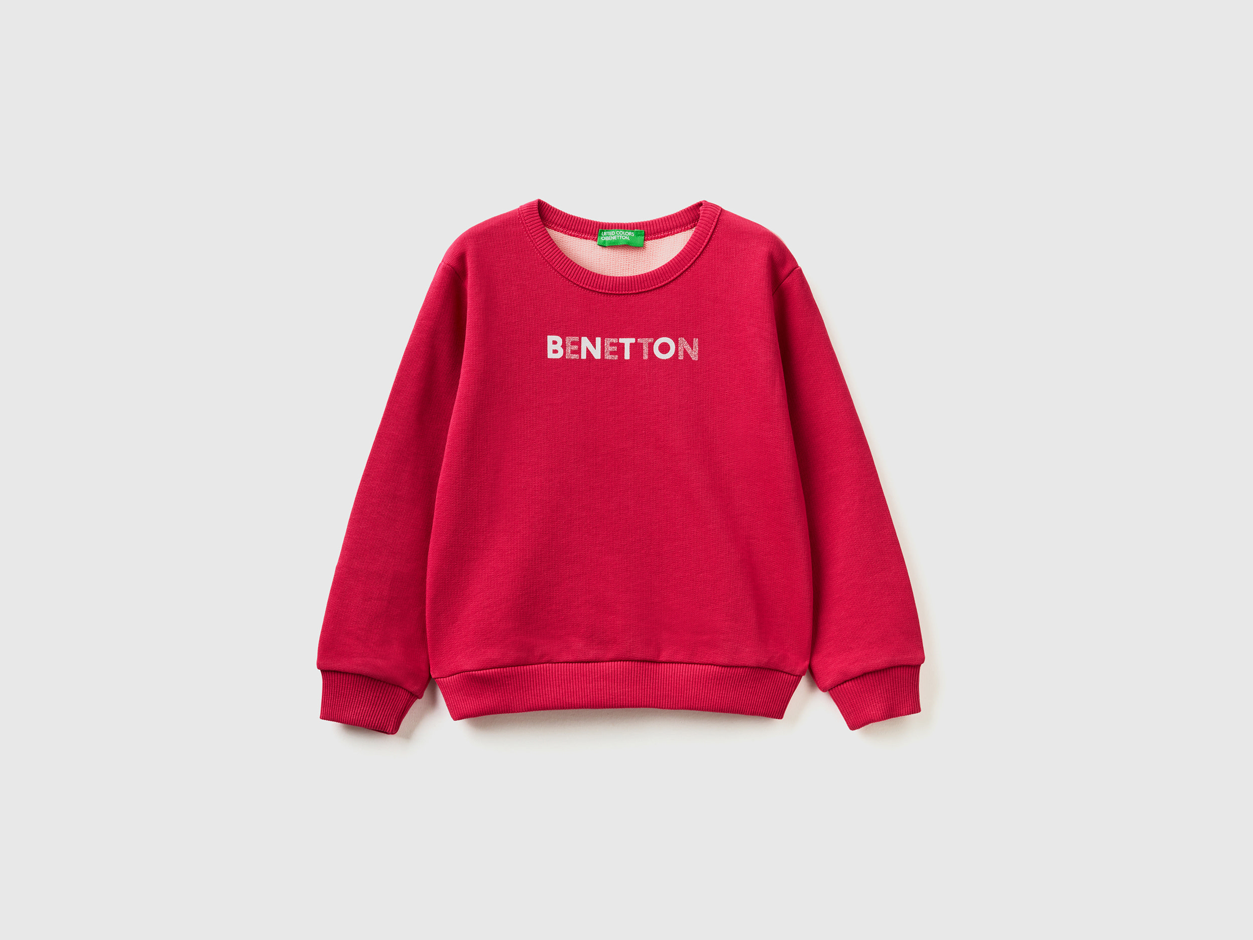 Benetton, Two-tone Sweatshirt In Organic Cotton With Glittery Print, size 4-5, Cyclamen, Kids