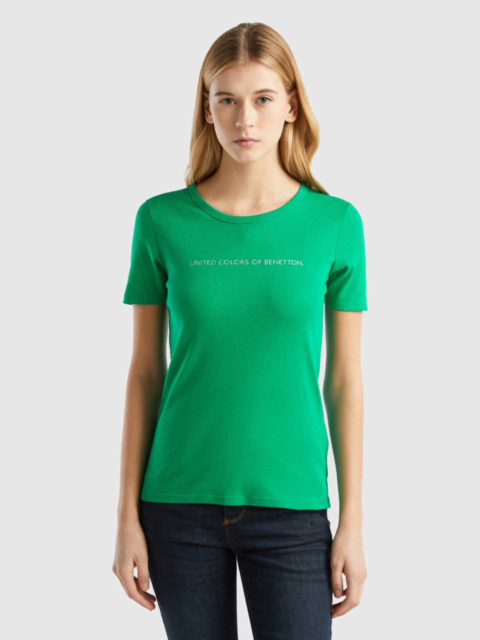Benetton, T-shirt 100% Cotone Con Stampa Logo Glitter, Verde, Donna