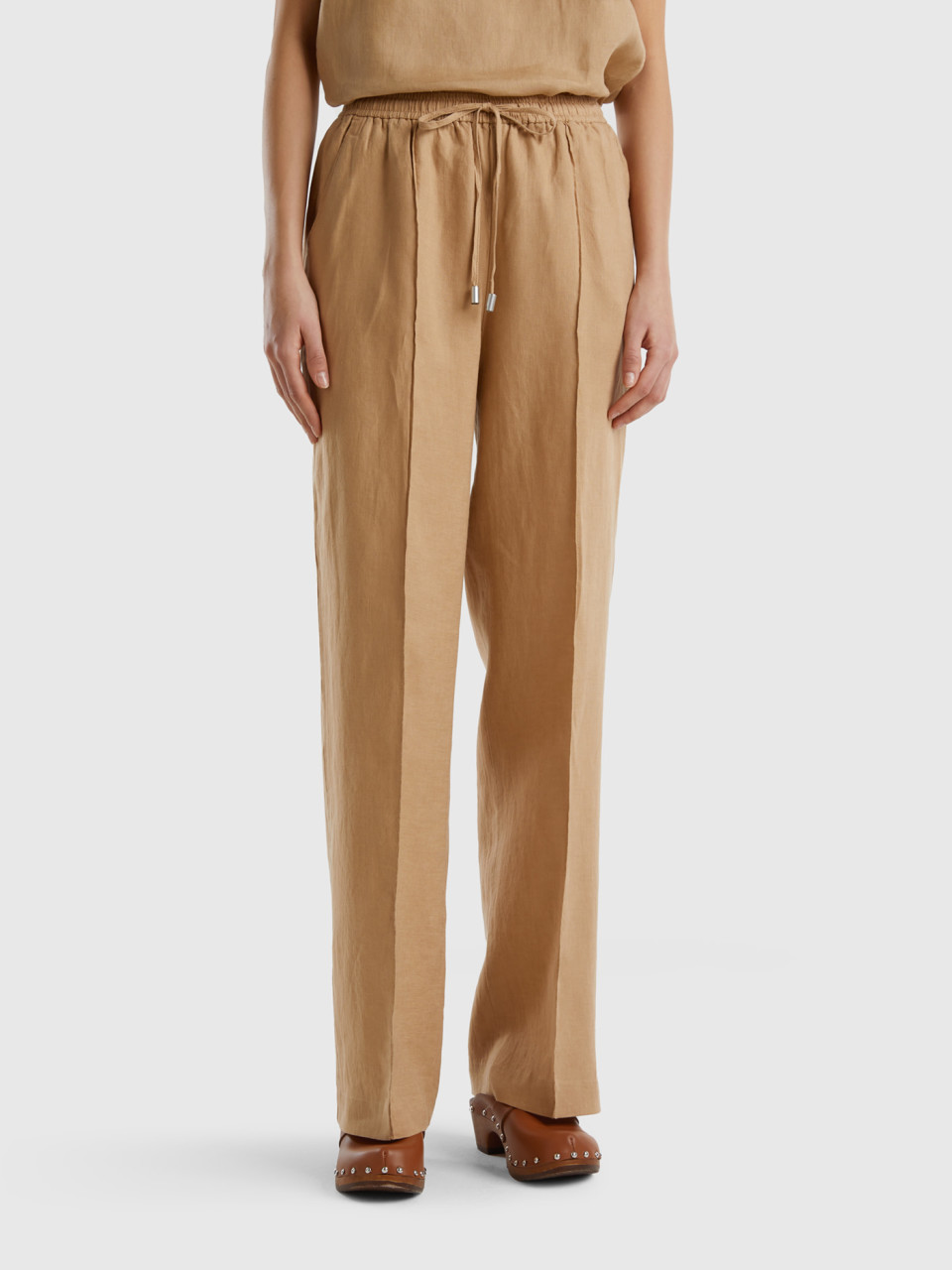 Benetton, Trousers In Pure Linen With Elastic, Camel, Women