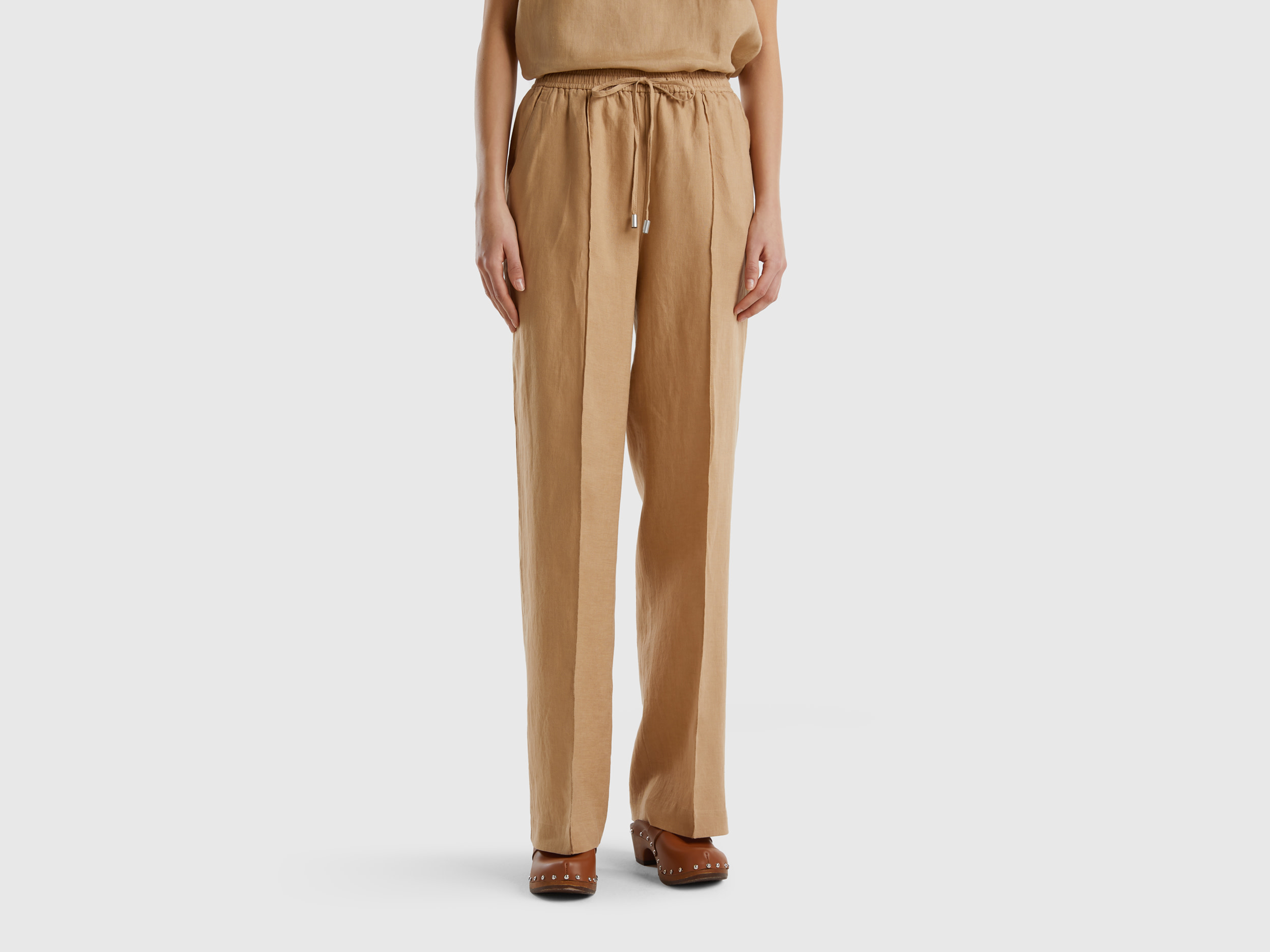 Benetton, Pantaloni In Puro Lino Con Elastico, Cammello, Donna