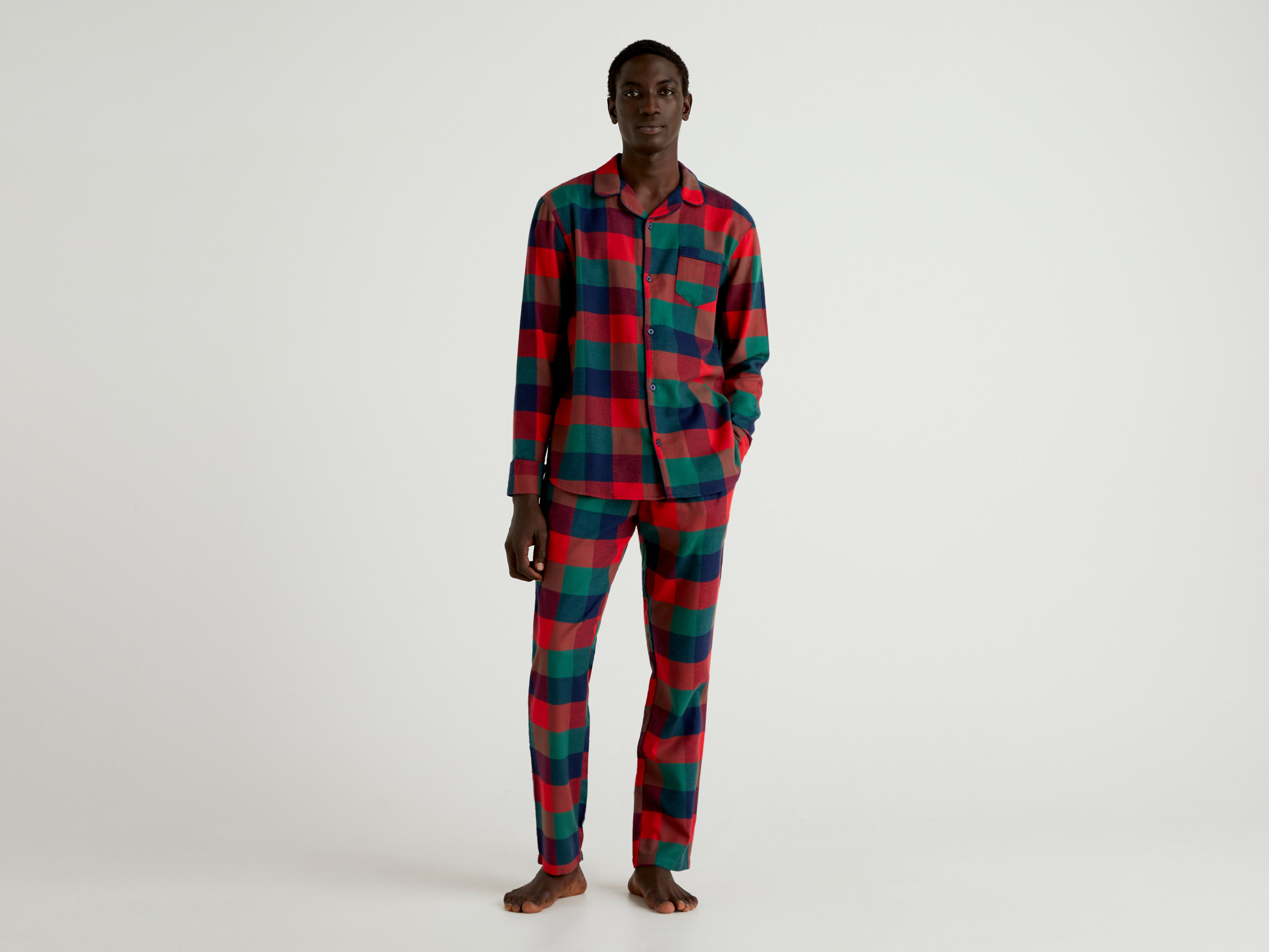Benetton, Pyjama Ouvert À Carreaux En Flanelle, taille L, Multicolore, Homme