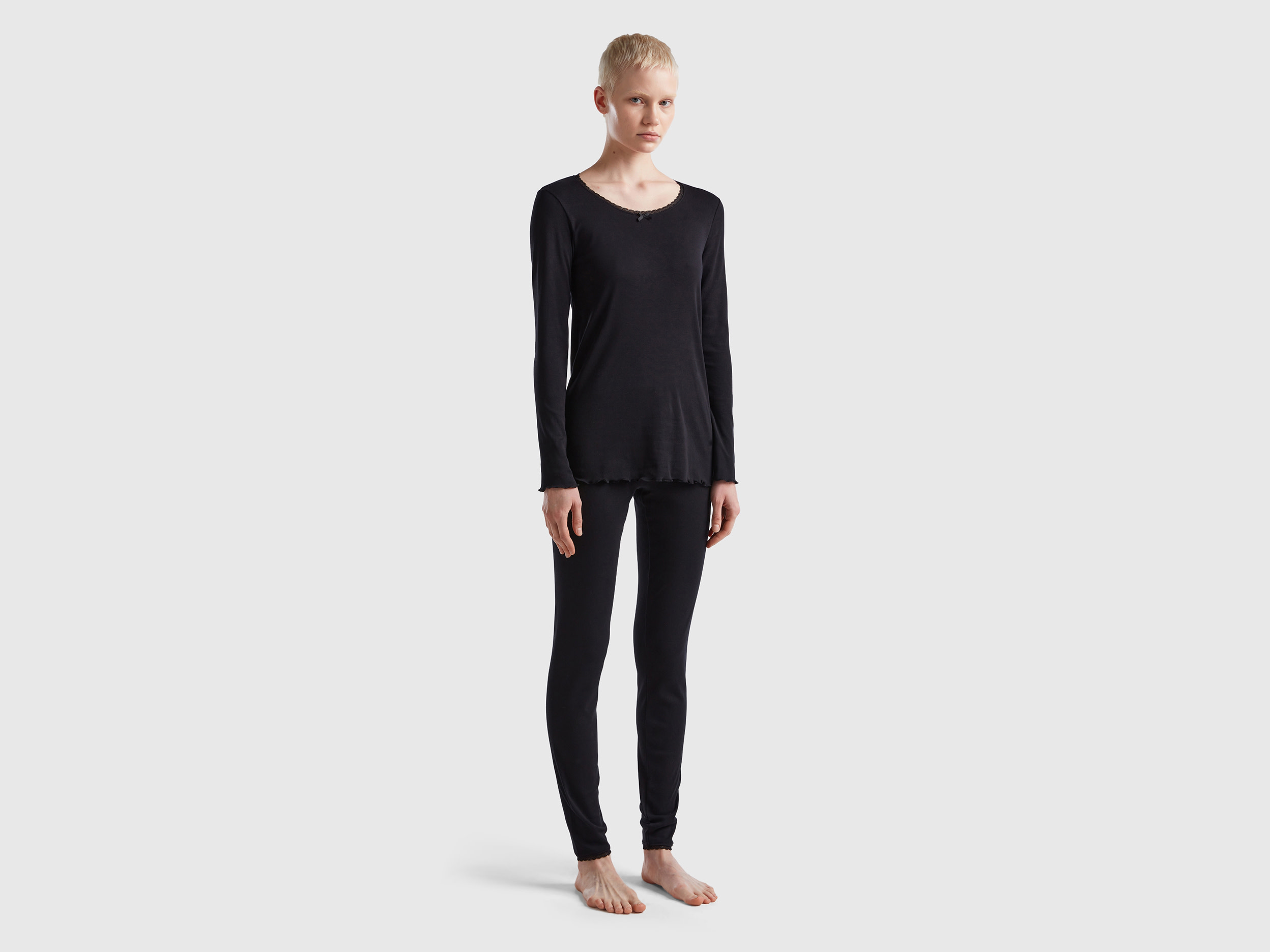 Benetton, Pyjamas In Long Fiber Cotton, size S, Black, Women