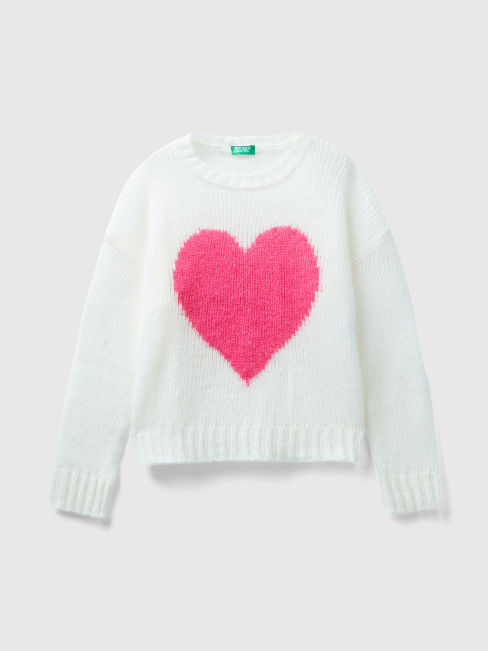 Benetton, Sweater With Heart Inlay, White, Kids