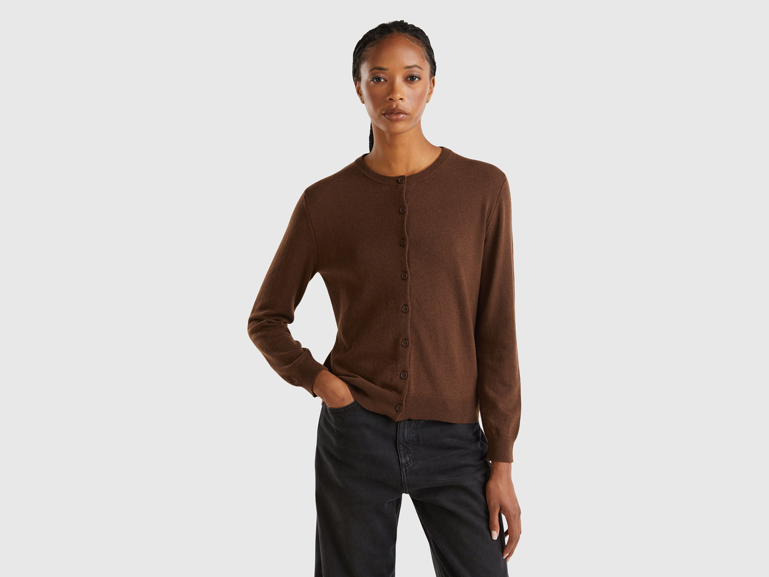 Benetton, Cardigan Marrone Scuro In Misto Lana E Cashmere, Marrone Scuro, Donna