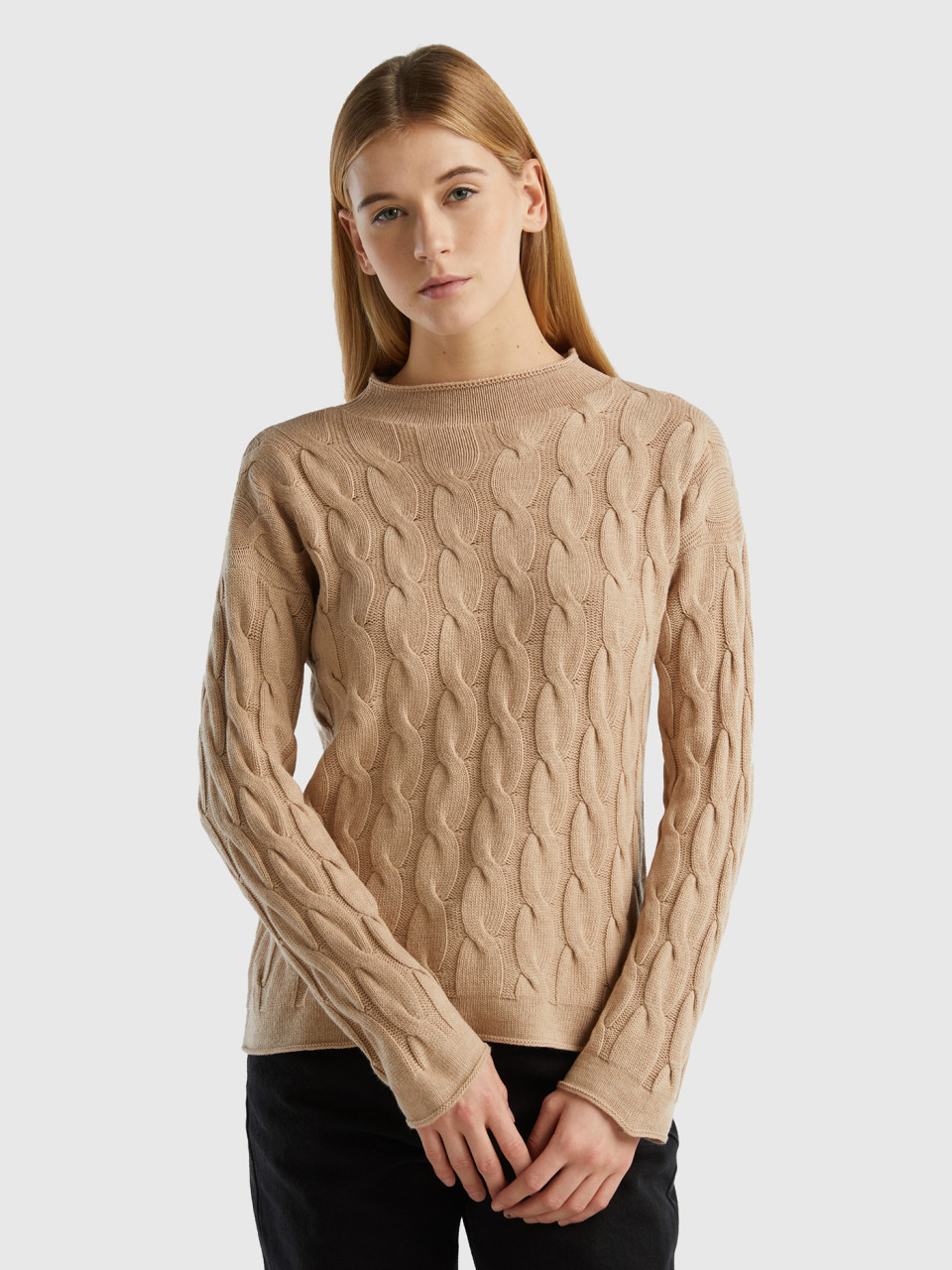 Benetton, Cable Knit Sweater, Beige, Women