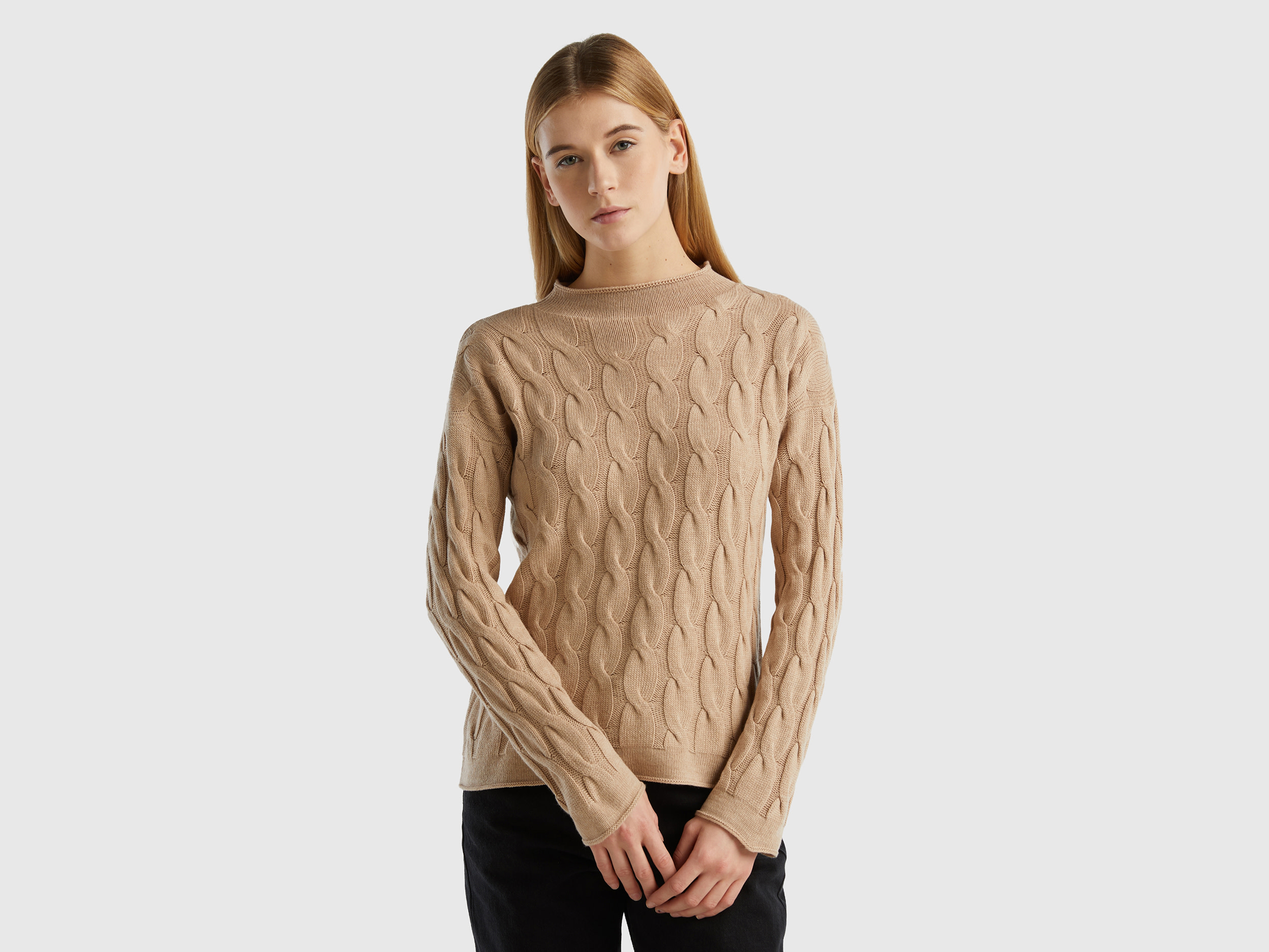 Benetton, Cable Knit Sweater, size M, Beige, Women