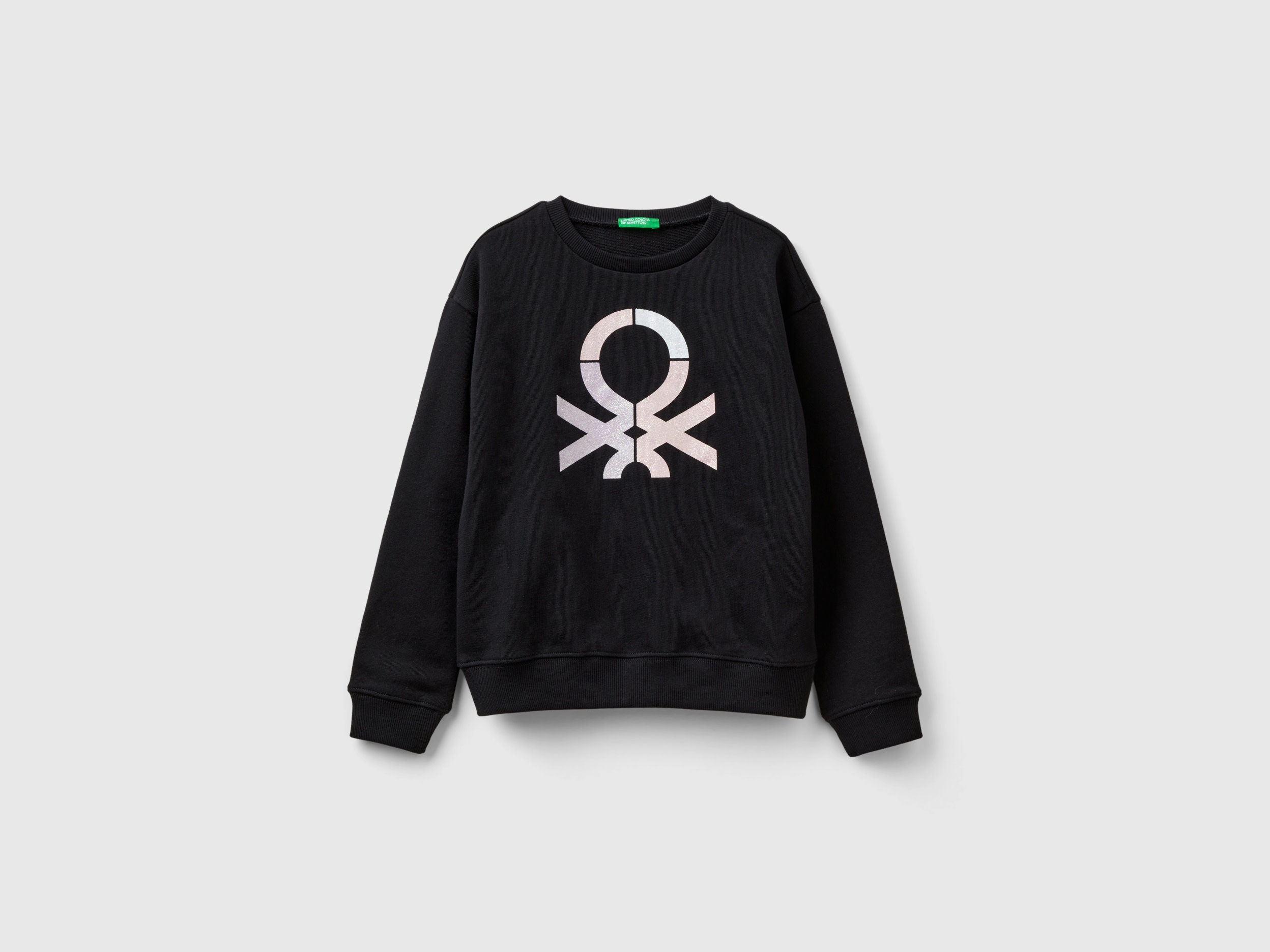 Benetton, Felpa 100% Cotone Con Logo Glitter, Nero, Bambini