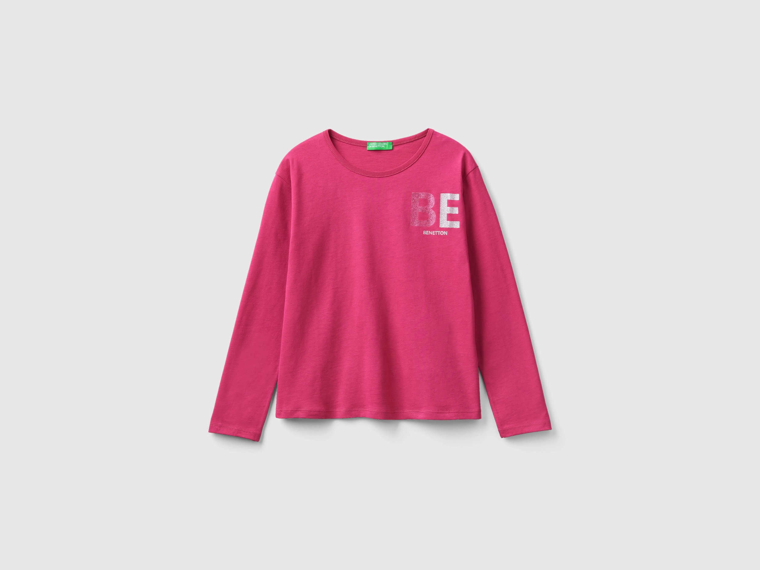 Benetton, T-shirt In Warm Organic Cotton With Glitter, size L, Cyclamen, Kids