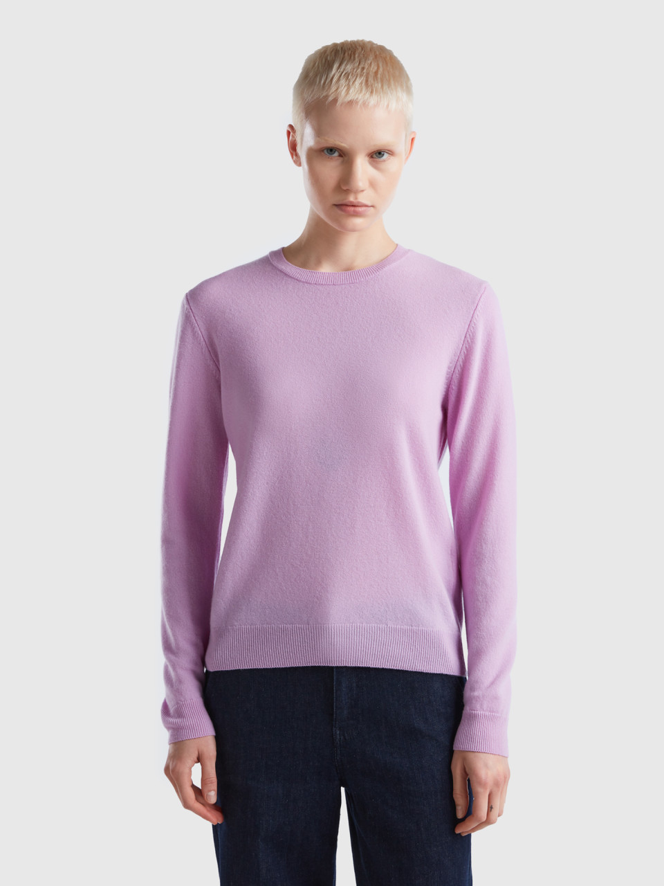 Benetton, Lilac Crew Neck Sweater In Merino Wool, Lilac, Women