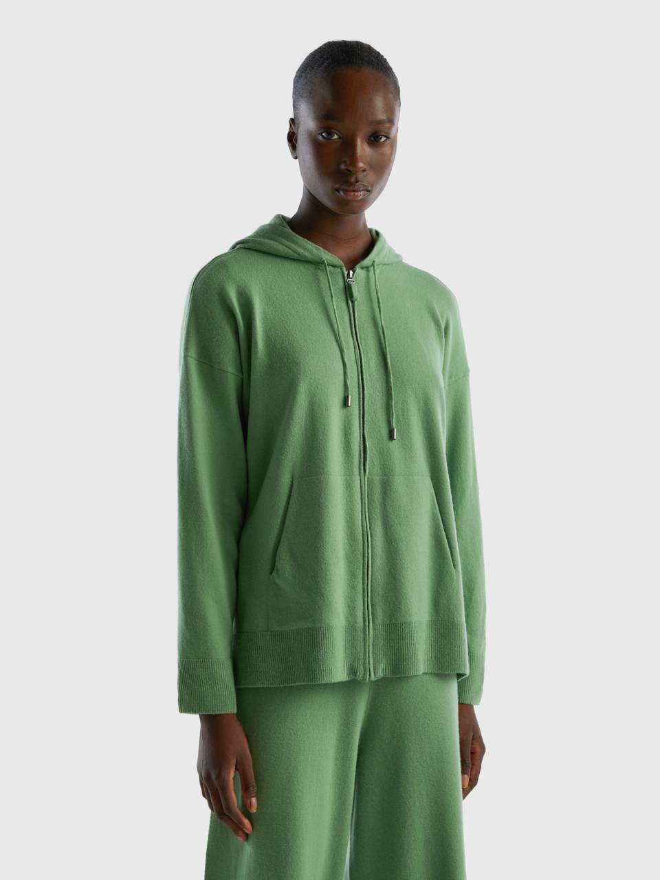 Benetton Sage green sweater in cashmere blend with hood. 1