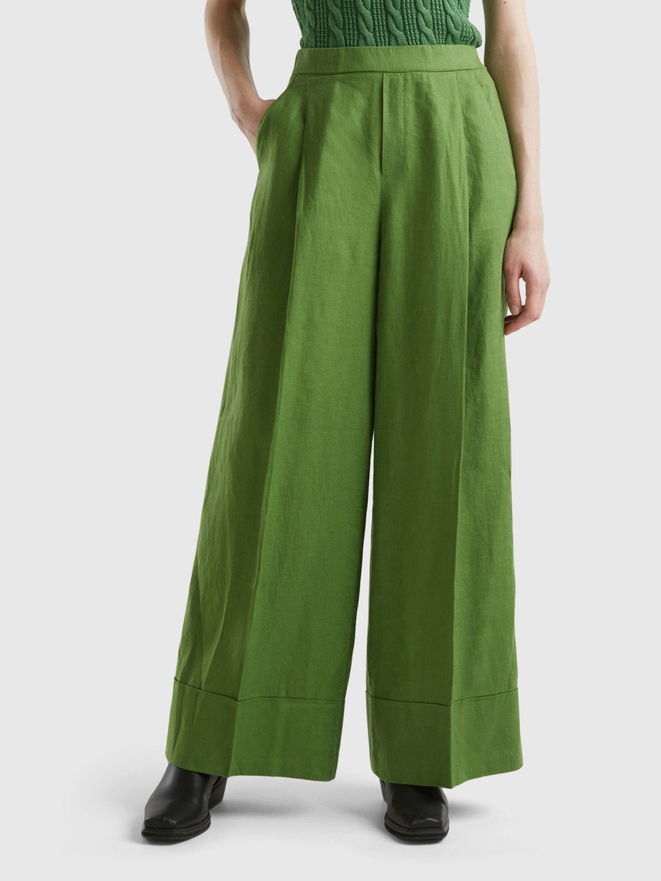 Benetton, Palazzo Trousers In 100% Linen, Military Green, Women