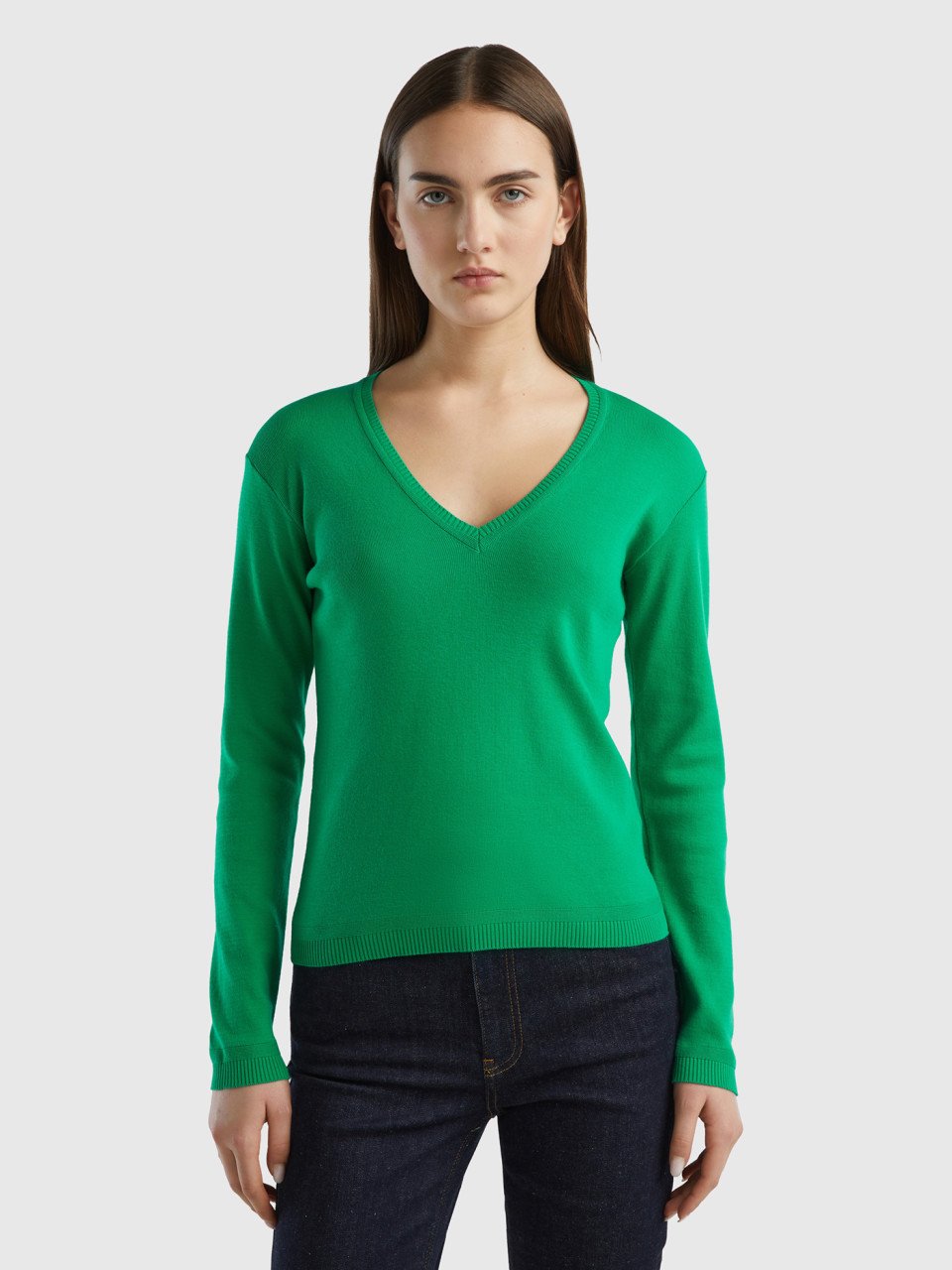 Benetton Online exclusive, V-neck Sweater In Pure Cotton, Green, Women